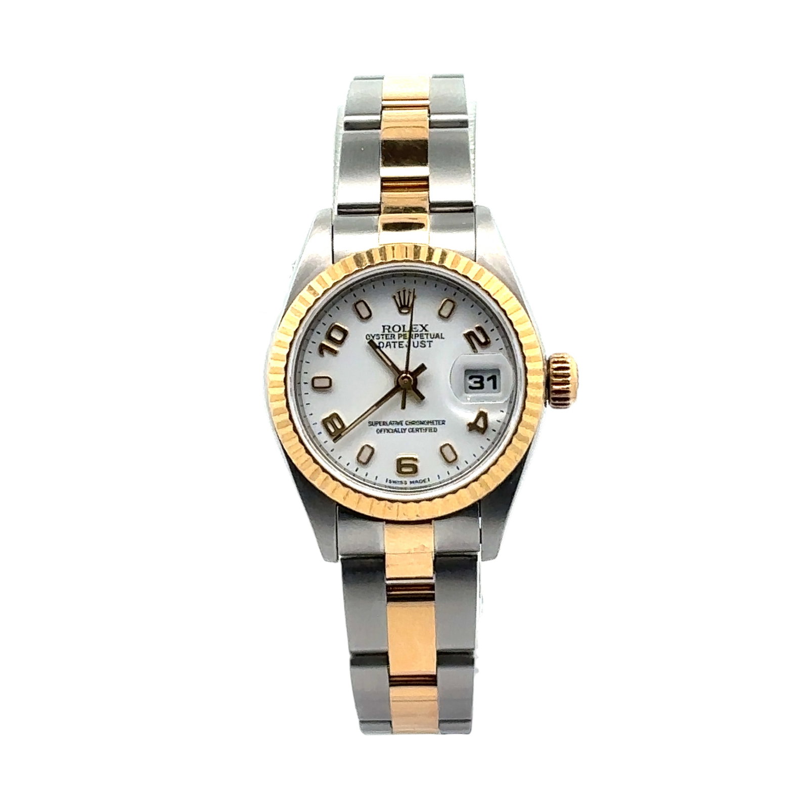 Rolex Lady-Datejust 79173 Two-Tone 26mm White Roman Dial: The Rolex Lady-Datejust, Reference 79173, presents an exquisite fusion of elegance and precision. Encased in a harmonious two-tone combination of stainless steel and 18k yellow gold, this 26mm timepie
