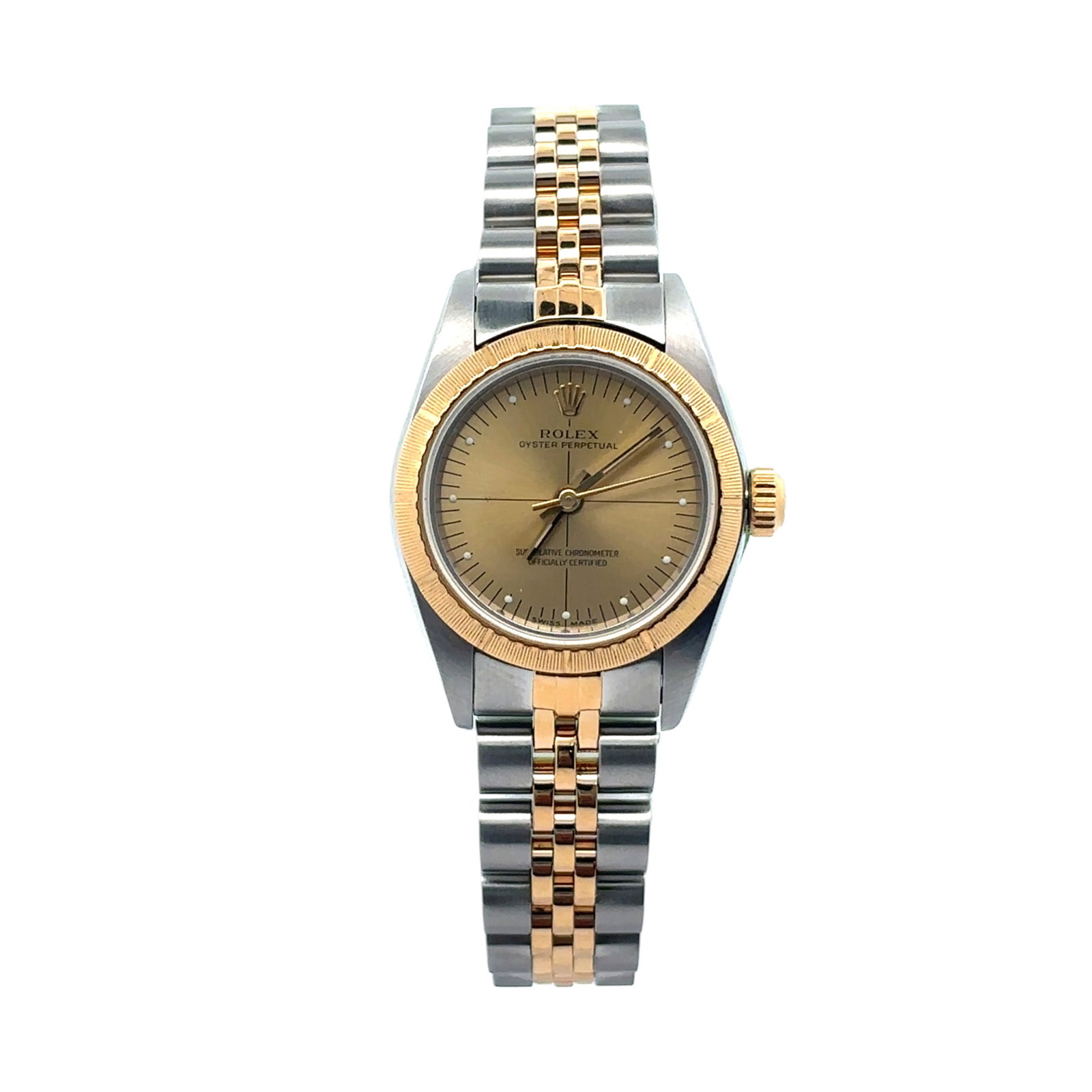 Rolex Ladies Oyster Perpetual 26mm 76243 Two-Tone Champagne Quadrant Dial: The Rolex Ladies Oyster Perpetual, Reference 76243, exudes timeless elegance. This exquisite timepiece features a 26mm stainless steel case complemented by a luxurious 18K yellow gold bezel. The s