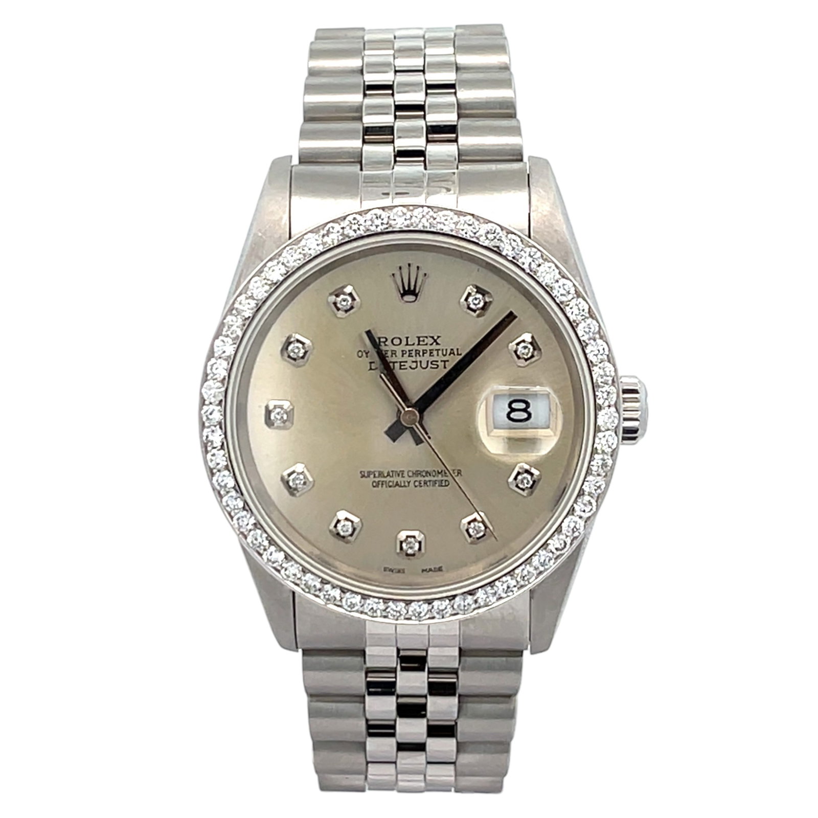 Rolex Datejust 16234 Stainless Steel Custom Diamond Bezel Silver Diamond Dial: The Rolex Datejust, Reference 16234, epitomizes timeless elegance with a personalized touch. Its robust 36mm stainless steel case houses a shimmering silver dial, beautifully accented with diamond