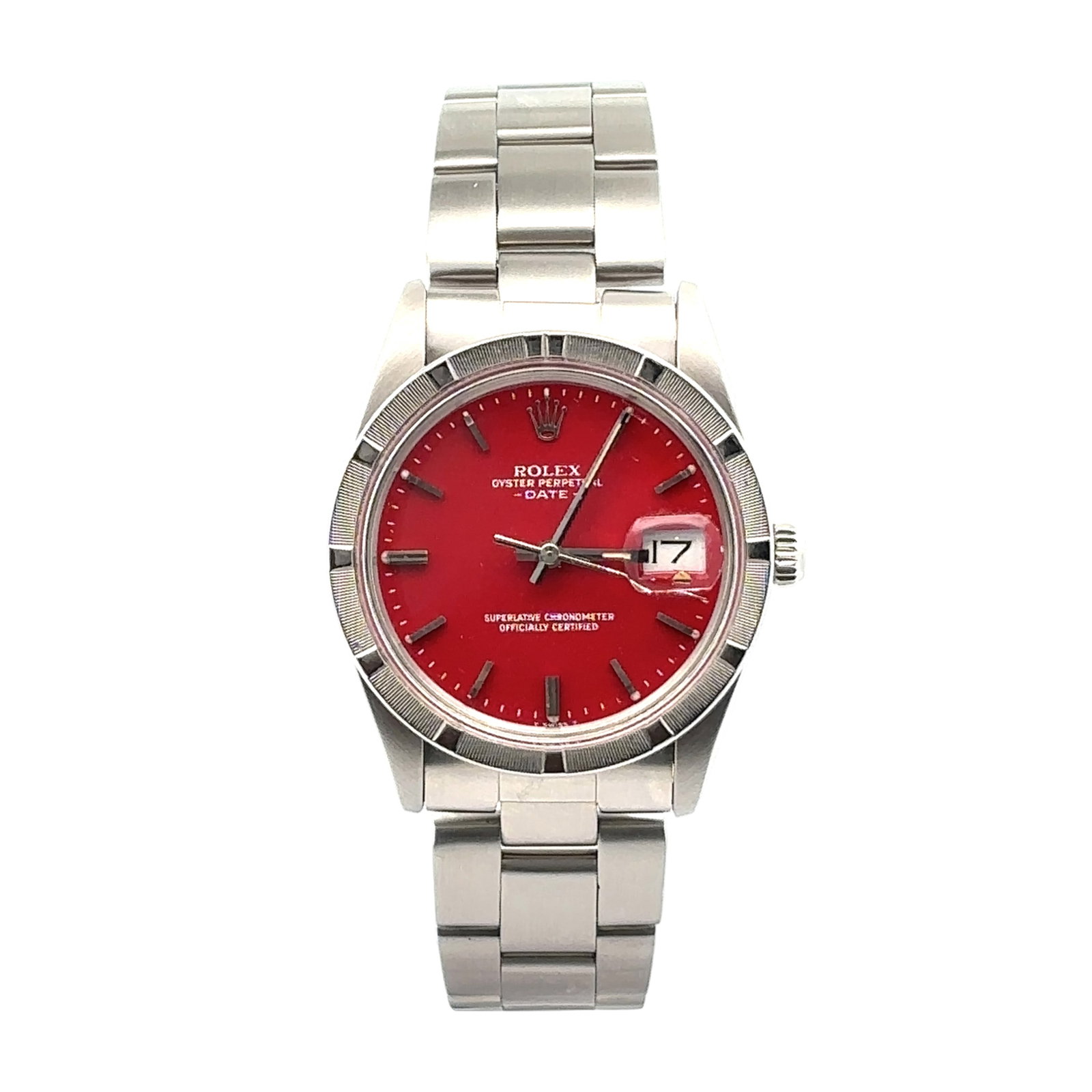 Rolex Oyster Perpetual Date 15010 Stainless Steel Red Dial: The Rolex Oyster Perpetual Date, Reference 15010, is a timeless vintage timepiece. Crafted in stainless steel, this watch features a captivating red dial protected by a Plexiglass crystal, deliver