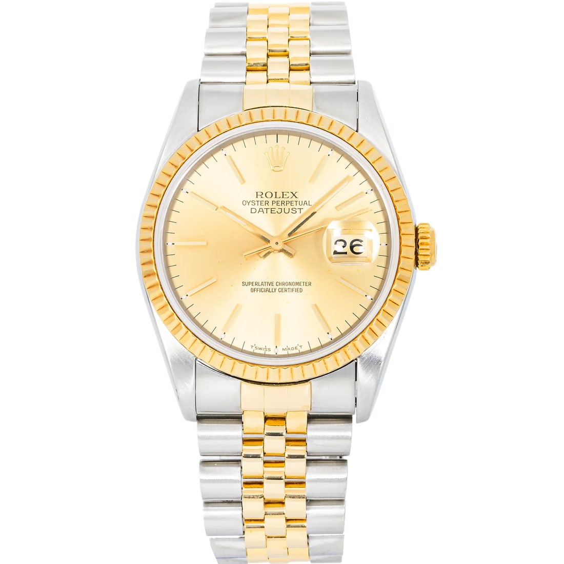 Rolex Datejust 16013 Two-Tone Champagne Roman Dial: The Rolex Datejust, Reference 16013, presents a timeless two-tone elegance. Crafted from a harmonious blend of stainless steel and 18k yellow gold, the 36mm Oyster case features a signature fluted bez