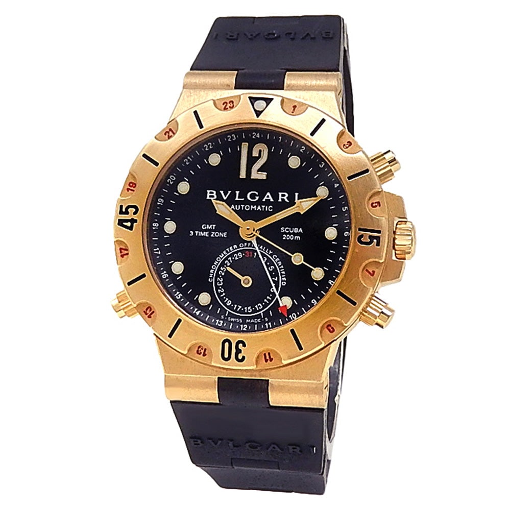 Bvlgari Diagono Scuba SD 38 G GMT 18k Yellow Gold Black Dial: The Bvlgari Diagono Scuba, Reference SD 38 G GMT, is an exceptional fusion of bold Italian design and robust maritime utility. Crafted from radiant 18k yellow gold, this high-performance watch feature
