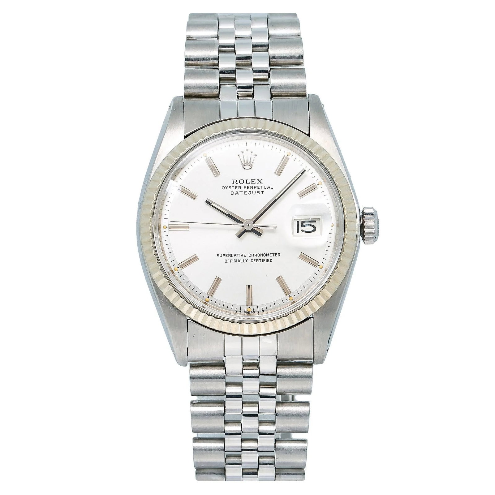 Rolex Datejust 1601 Stainless Steel Silver Dial: The Rolex Datejust, Reference 1601, is a refined blend of classic elegance and modern functionality. Crafted in a 36mm stainless steel case, it features a stunning silver index dial accented by Su