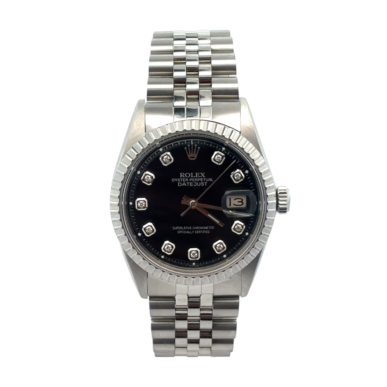 Rolex Datejust 36mm 1601 Custom Black Diamond Dial Fluted Bezel Jubilee Bracelet: The Rolex Datejust, Reference 1601, presents a captivating blend of classic elegance and custom flair. Crafted in robust stainless steel, this 36mm timepiece features a stunning custom black dial
