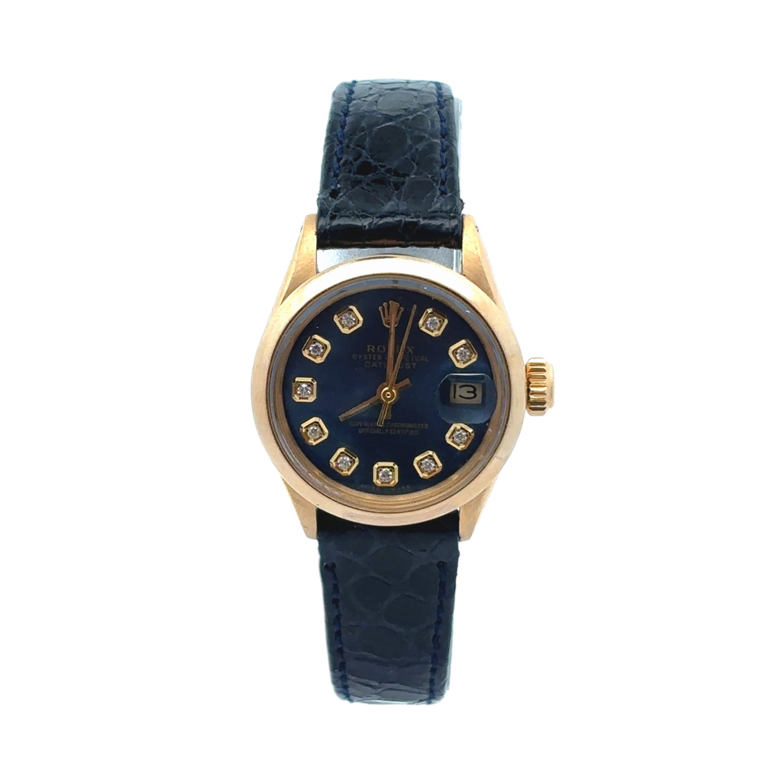 Rolex Oyster Perpetual Lady Date 6516 18K Gold Blue Diamond Dial: The Rolex Oyster Perpetual Lady Date, Reference 6516, is a timeless expression of elegance. Crafted in 18K gold, this vintage ladies' watch showcases a stunning blue dial with diamond indices, cre