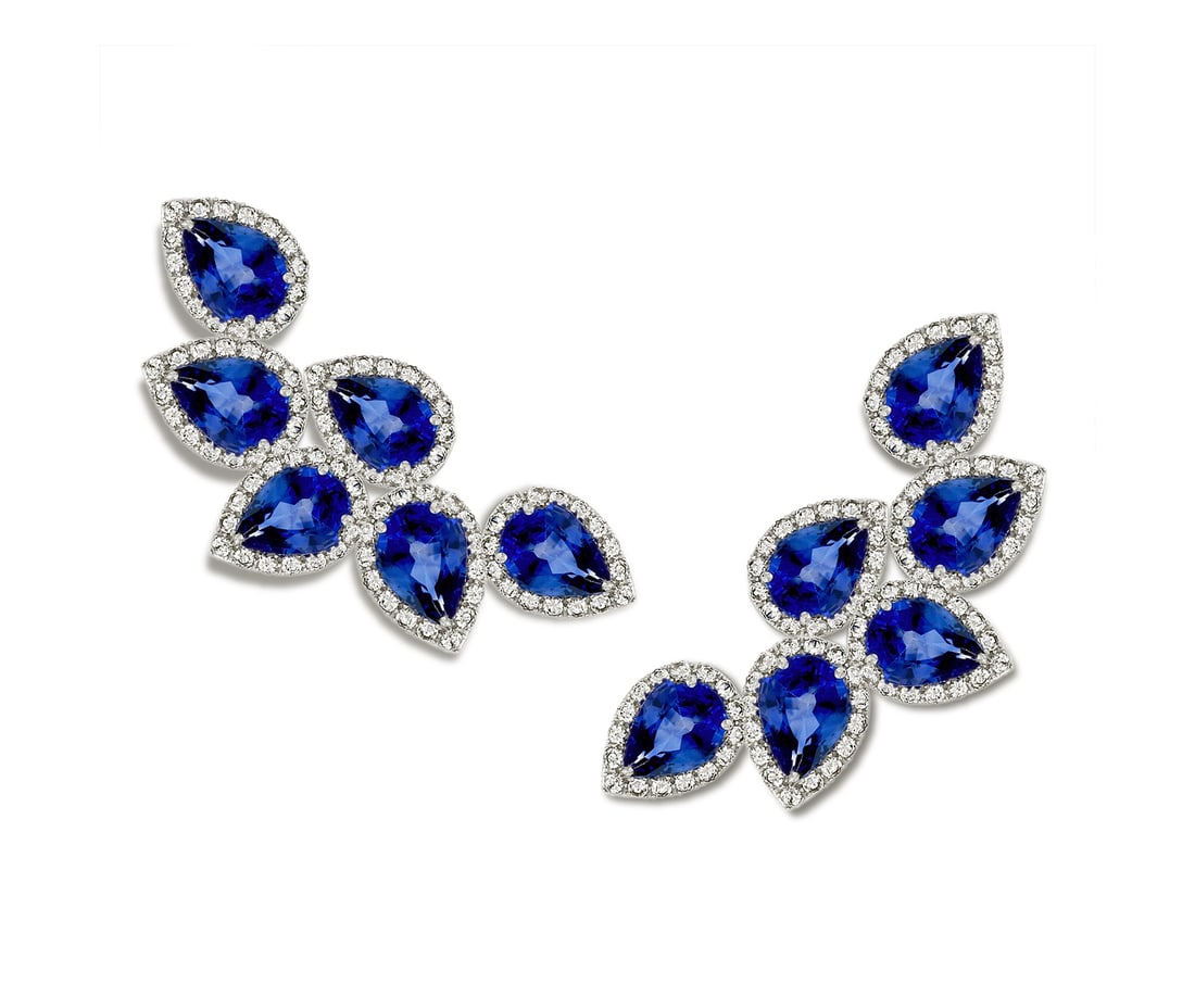 6.06ct Blue Sapphire and 1.30ctw Diamond 14K White Gold Drop Ear Climber: A testament to superior craftsmanship, this breathtaking Halo pair of earrings featuring Blue Sapphire, White Diamond is unparalleled. Showcasing the gems in a Halo arrangement, the earrings consists 