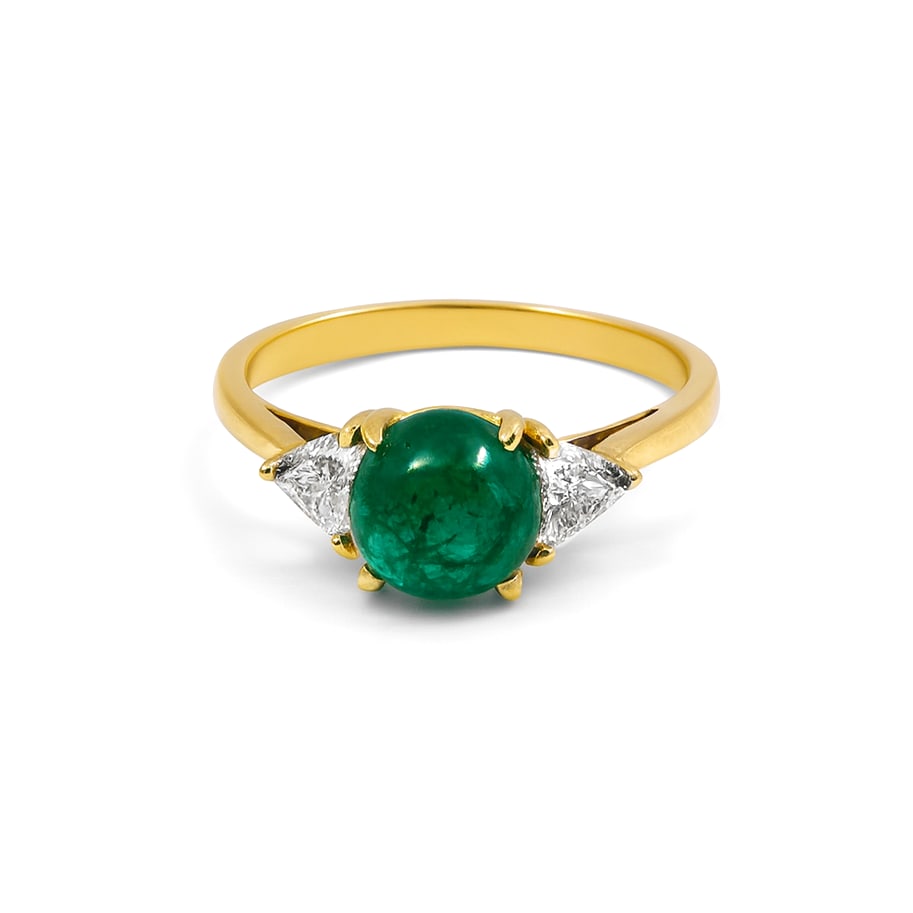 1.50ct Emerald and 0.35ctw Diamond 18K Yellow Gold Ring: Timeless and sophisticated, this magnificent Three Stone ring featuring Emerald, White Diamond radiates enduring beauty. Securely held in a classic Three-Stone design, the ring is forged from 2.2 gram