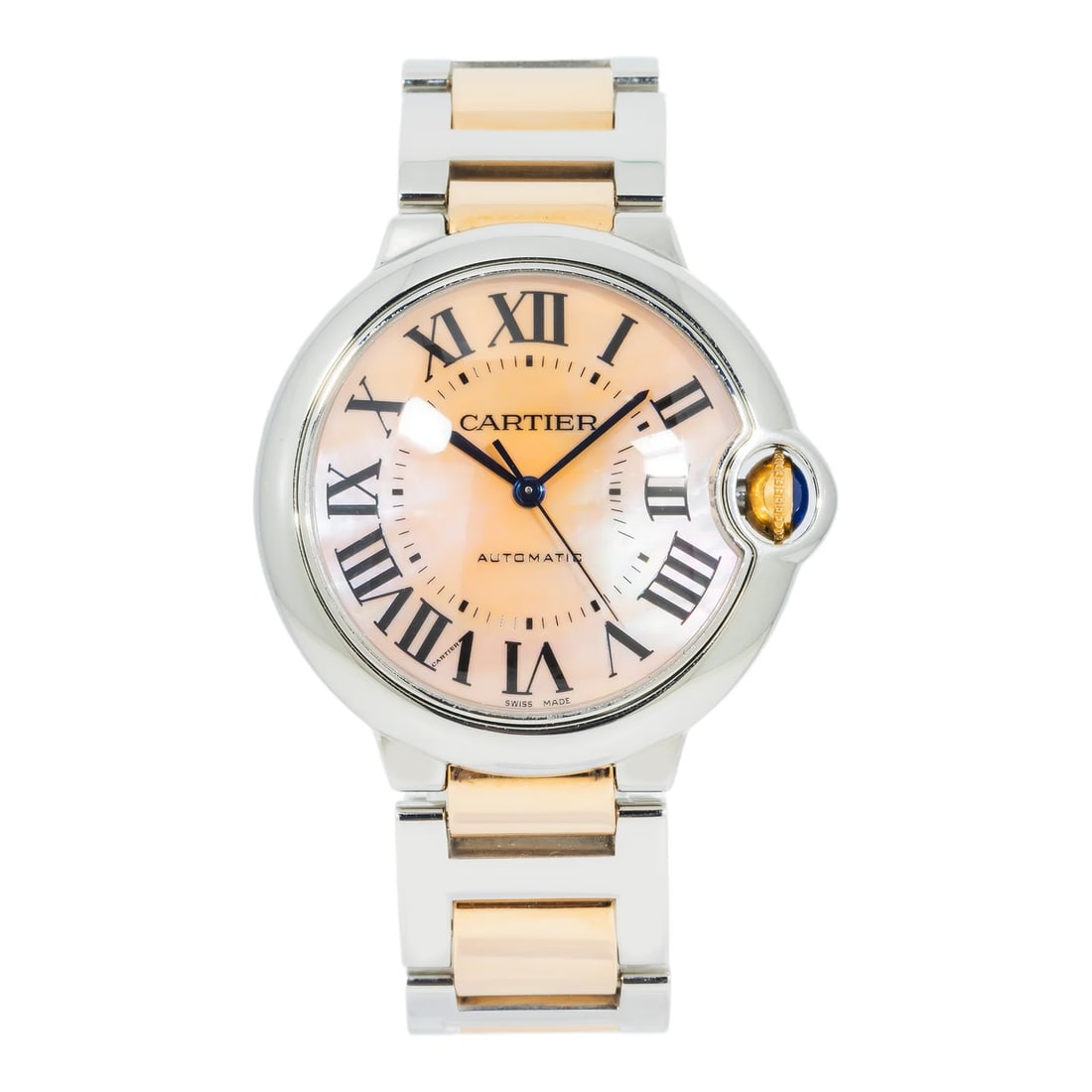 Cartier Ballon Bleu W6920033 37mm Stainless Steel & Rose Gold Pink MOP Dial: The Cartier Ballon Bleu, Reference W6920033, blends robust materials with graceful design. Housed in a two-tone case of stainless steel and rose gold, this watch showcases a radiant pink mother-of-pea