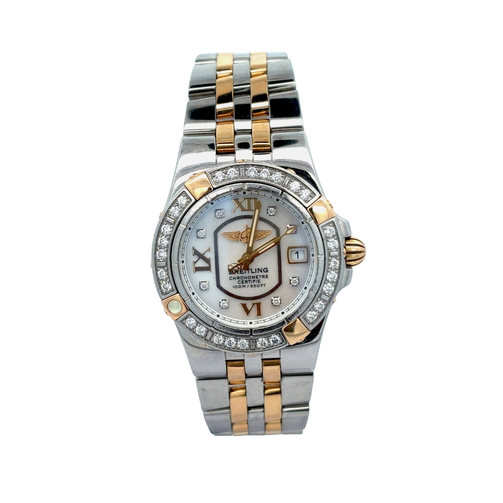 Breitling Galactic 30 B71340 Two-Tone MOP Diamond Dial: The Breitling Galactic 30, Reference B71340, is a luxurious two-tone timepiece. Crafted in a sophisticated combination of stainless steel and 18K gold, it features a stunning mother-of-pearl dial with