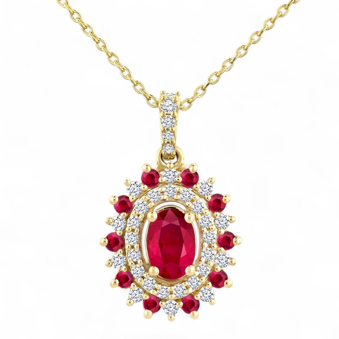 6x4 MM and 1.55 MM Rubies and 0.26 Ctw Floral Halo Diamond 14K Gold Pendant - Certified: A symphony of light and color, this stunning Floral Halo pendant featuring Natural Diamonds and Rubies embodies the pinnacle of luxury. Expertly mounted in a Halo setting, the pendant is crafted in 1.