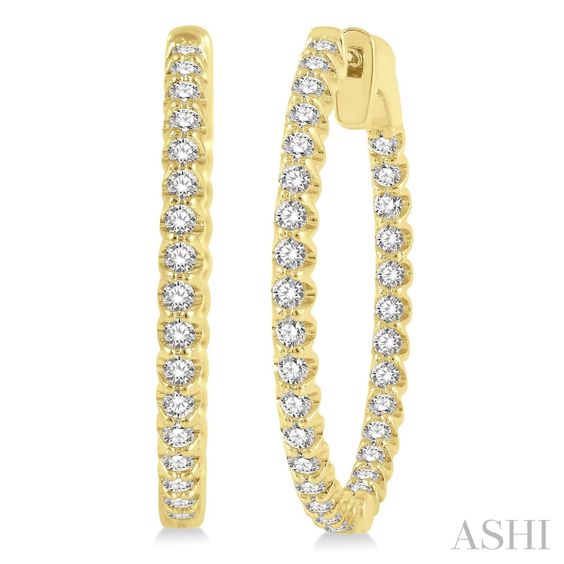 1.02 ctw Diamond 14K Yellow Gold Hoop Earrings: A vision of luxury, this stunning Inside-Out Round Cut pair of earrings featuring White Diamond defines sophistication. The gemstones are nestled within a Hoop framework, supported by a substantial 5.