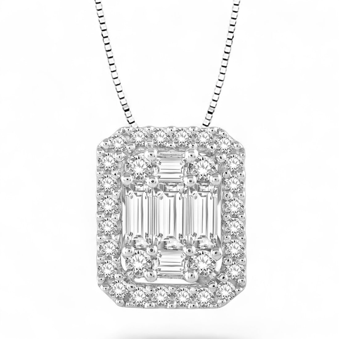 0.56 Ctw Octagonal Baguette Round Diamond Modern 14K White Gold Pendant - Certified: A testament to superior craftsmanship, this stunning Octagonal Baguette & Round Cut Diamond pendant featuring Natural Diamonds is unparalleled. Showcasing the gems in a Halo arrangement, the pendant c