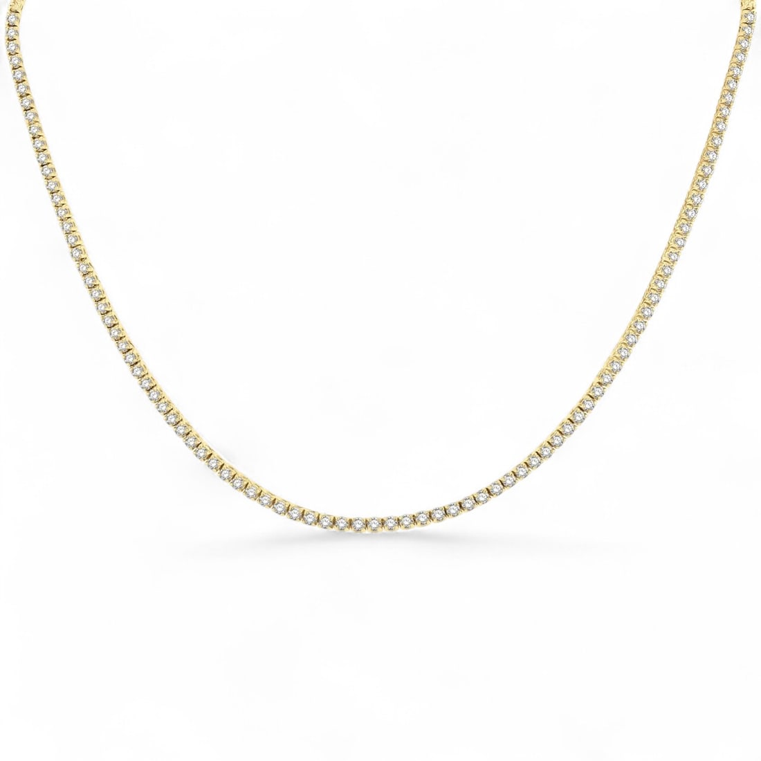 7.01 Ctw Tennis Diamond Modern 14K Yellow Gold Necklace - Certified: Captured in a moment of brilliance, this stunning Tennis necklace featuring Natural Diamonds speaks to the connoisseur. Securely held in a classic Prong design, the necklace is forged from 19.7 grams 