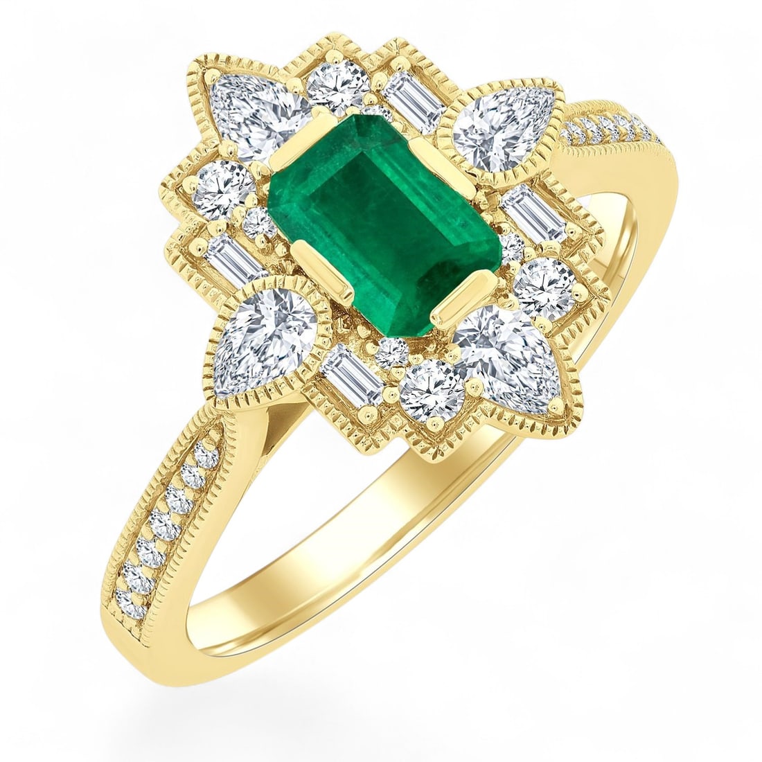 6x4 MM Emerald and 0.62 Ctw Mixed Diamond Cut White Diamond Art Deco 14K Yellow Gold Ring -: A vision of luxury, this magnificent Art Deco Mixed Diamond Cut ring featuring Natural Diamonds and Emeralds defines sophistication. Securely held in a classic Cluster design, the ring is forged from 