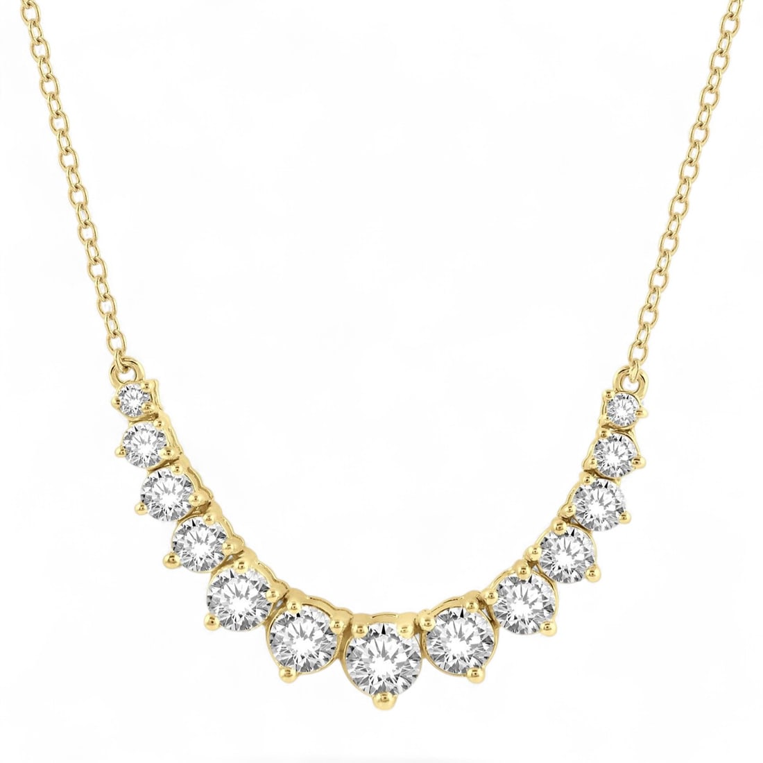 1.0 Ctw Graduated Smile White Diamond Modern 14K Yellow Gold Necklace - Certified: A symphony of light and color, this magnificent Graduated Round Cut Diamond Smile necklace featuring Natural Diamonds embodies the pinnacle of luxury. The gemstones are nestled within a Prong framewor