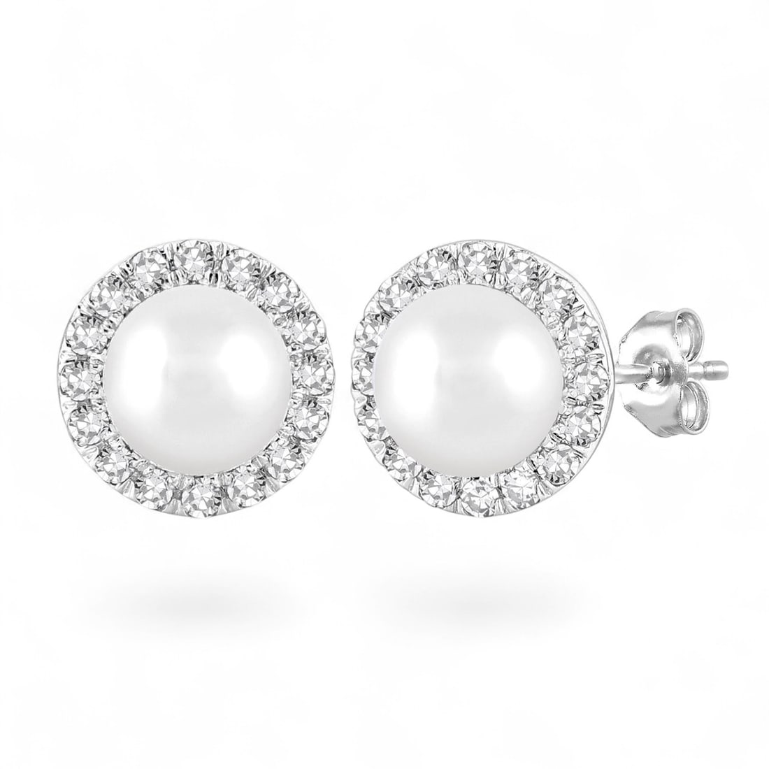4.5 MM Cultured Pearls and 0.13 Ctw Halo Stud White Diamond Modern 14K White Gold Earrings -: Rare and radiant, this stunning Halo Stud pair of earrings featuring Natural Diamonds and Pearls offers a touch of the extraordinary. Crafted with precision, the Halo setting is seamlessly integrated 