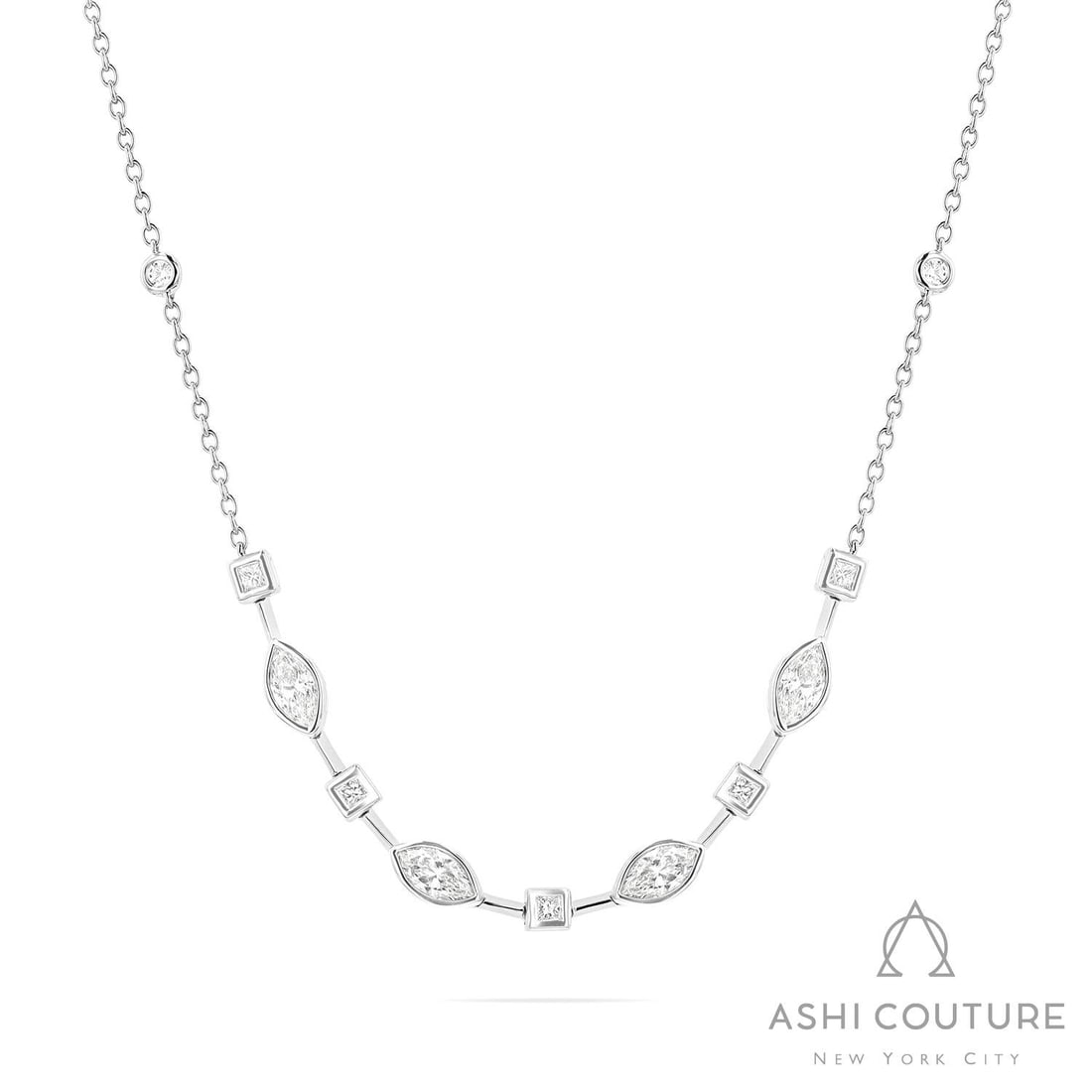 1.58 ctw Multishape Diamond Duchess Smile 18K White Gold Necklace: Captured in a moment of brilliance, this breathtaking Duchess Smile necklace featuring Natural Diamonds speaks to the connoisseur. Expertly mounted in a Bezel setting, the necklace is crafted in 4.25 