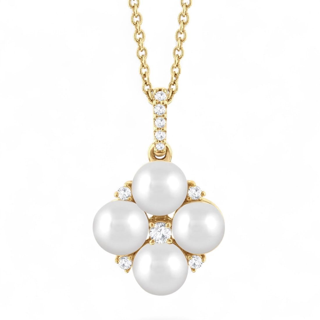 5 MM Cultured Pearls and 0.1 Ctw Floral White Diamond Modern 10K Yellow Gold Necklace - Certified: Defining modern elegance, this stunning Floral necklace featuring Natural Diamonds and Cultured Pearls captures the essence of style. The gemstones are nestled within a Prong framework, supported by a