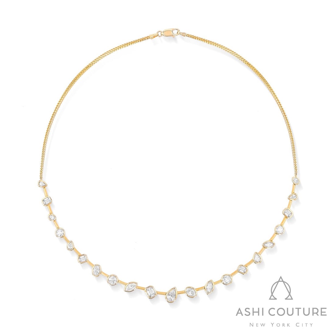 5.09 ctw Multishape Diamond Bezel 18K Yellow Gold Necklace: Timeless and sophisticated, this breathtaking Bezel necklace featuring White Diamond radiates enduring beauty. The gemstones are nestled within a Bezel framework, supported by a substantial 12.5 grams
