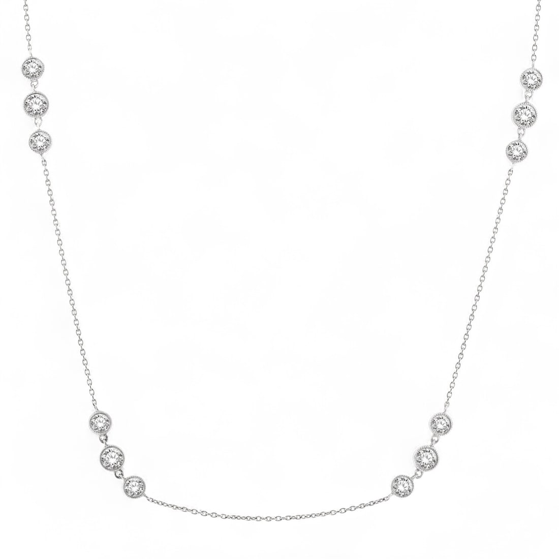 2.05 Ctw Three Stone Bezel Set Station White Diamond Modern 14K White Gold Necklace - Certified: Epitomizing grandeur, this magnificent Three Stone Bezel Set Station necklace featuring Natural Diamonds stands as a beacon of refined taste. Showcasing the gems in a Bezel arrangement, the necklace c