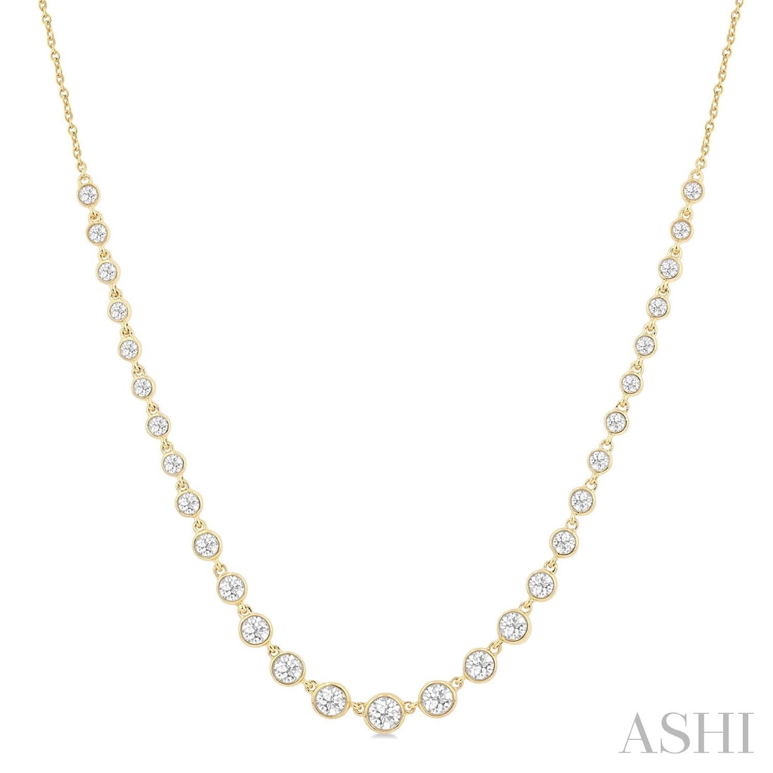 1.28 ctw Graduated Bezel Set Diamond Tennis 14K Yellow Gold Necklace: A symphony of light and color, this exquisite Graduated Bezel Set necklace featuring White Diamond embodies the pinnacle of luxury. The gemstones are nestled within a Bezel framework, supported by a s