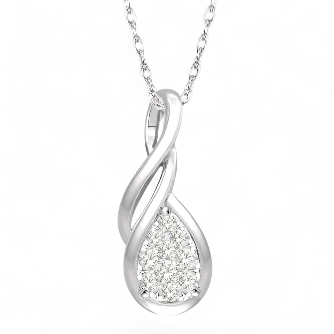 0.11 Ctw Pear Shape Cluster Entwined Wire White Diamond Modern 14K White Gold Pendant - Certified: Defining modern elegance, this elegant Pear Shape Cluster Entwined Wire pendant featuring Natural Diamonds captures the essence of style. Expertly mounted in an Illusion setting, the pendant is crafte