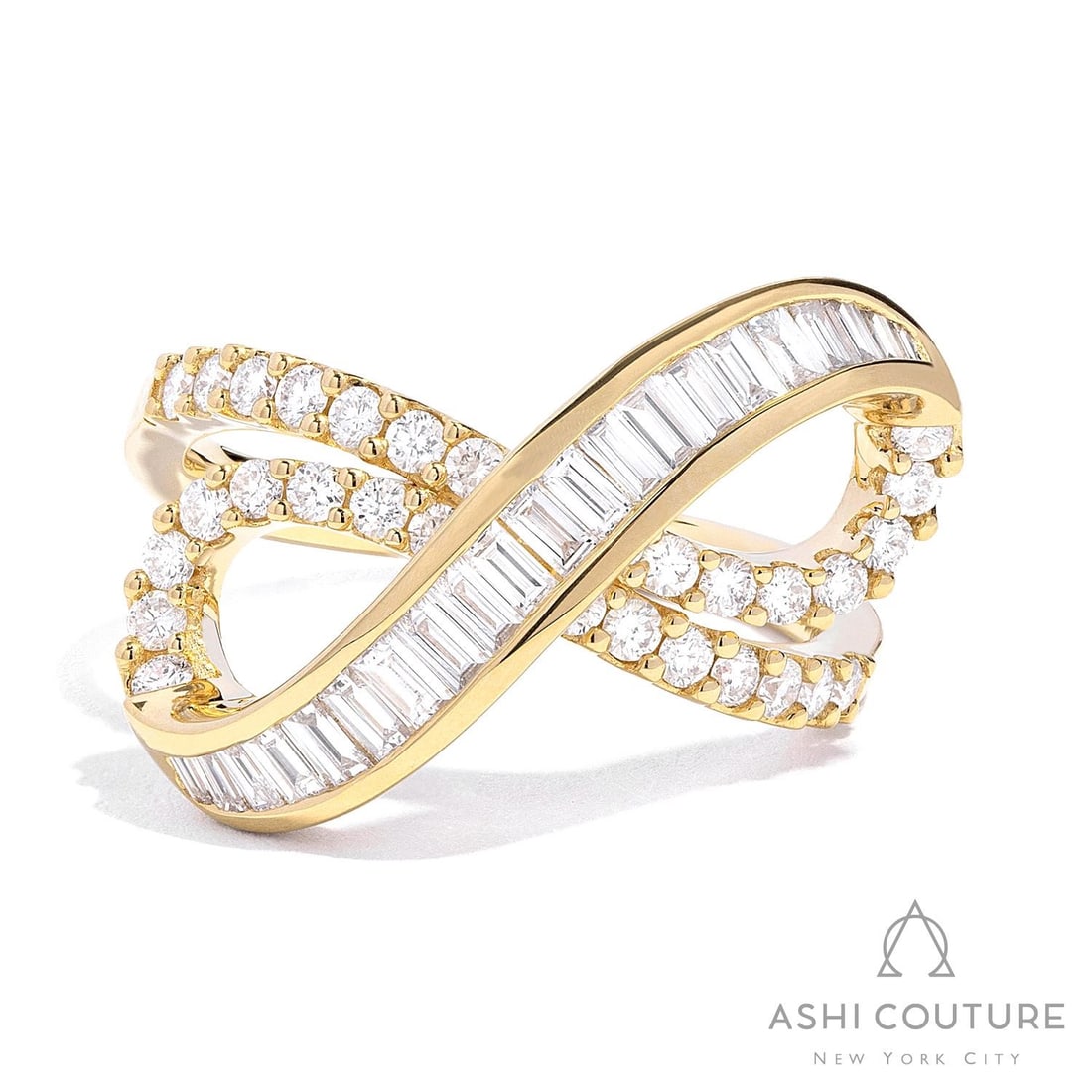 1.05 ctw White Diamond Infinity 18K Yellow Gold Ring: Rare and radiant, this elegant Infinity ring featuring White Diamond offers a touch of the extraordinary. A detailed Crossover gallery secures the stones, rendered in 5.2 grams of lustrous 18K Yellow 