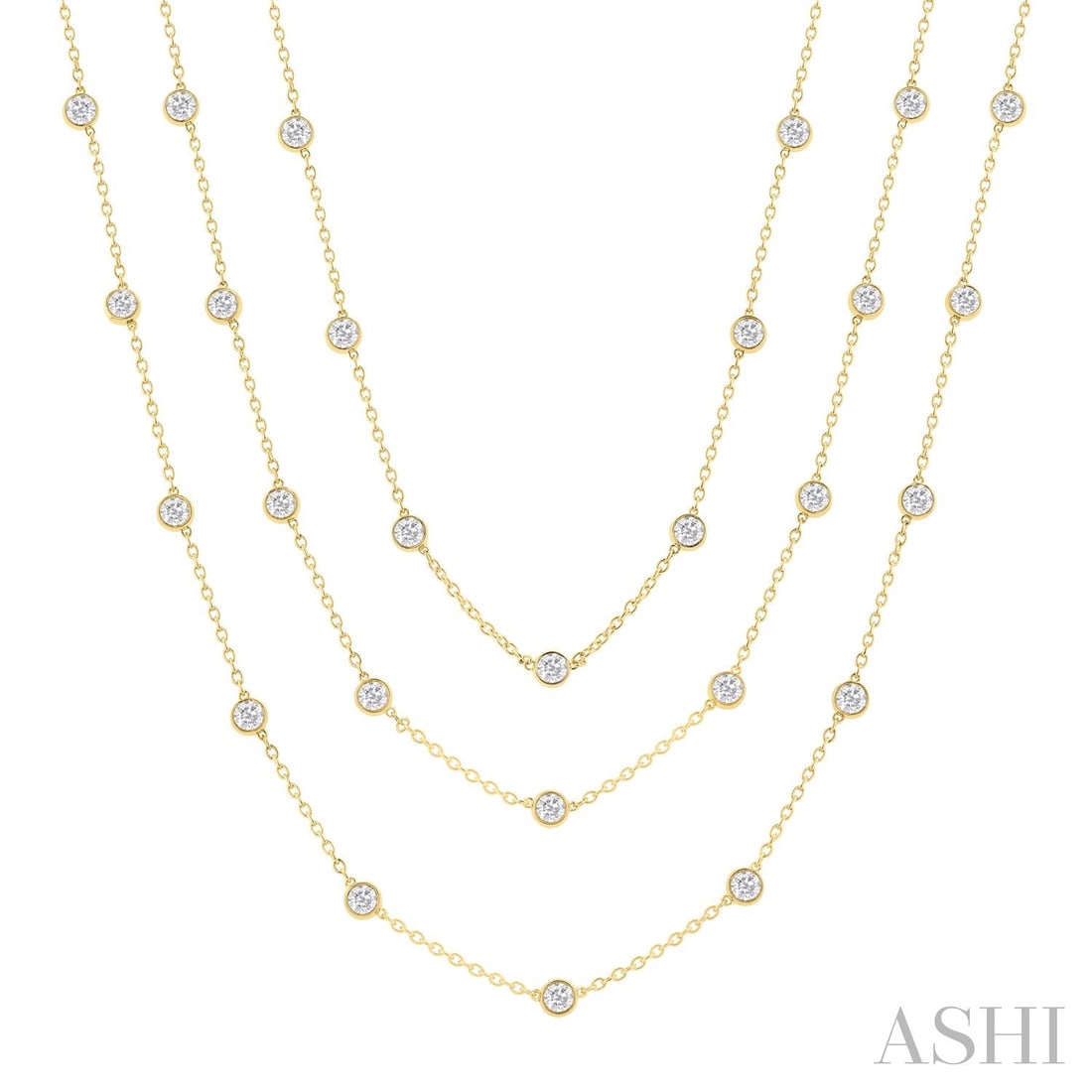 10.05 ctw White Diamond Bezel Station 60-inch 14K Yellow Gold Necklace: Captured in a moment of brilliance, this breathtaking Bezel Set necklace featuring White Diamonds speaks to the connoisseur. The gemstones are nestled within a Station framework, supported by a substa