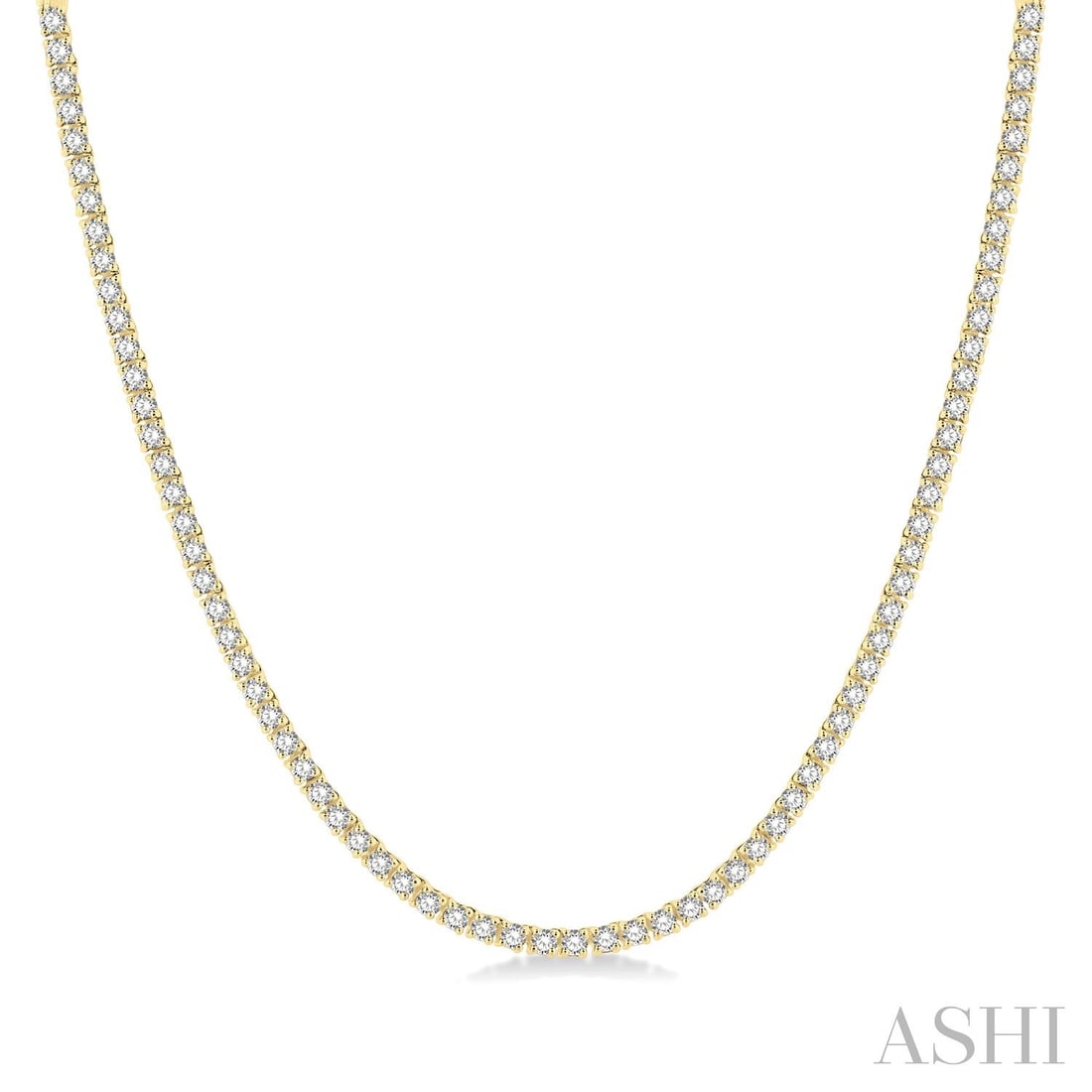 5.02 ctw Round Diamond Tennis 14K Yellow Gold Necklace: A symphony of light and color, this magnificent Tennis necklace featuring White Diamond embodies the pinnacle of luxury. Expertly mounted in a Tennis setting, the necklace is crafted in 15.7 grams of 