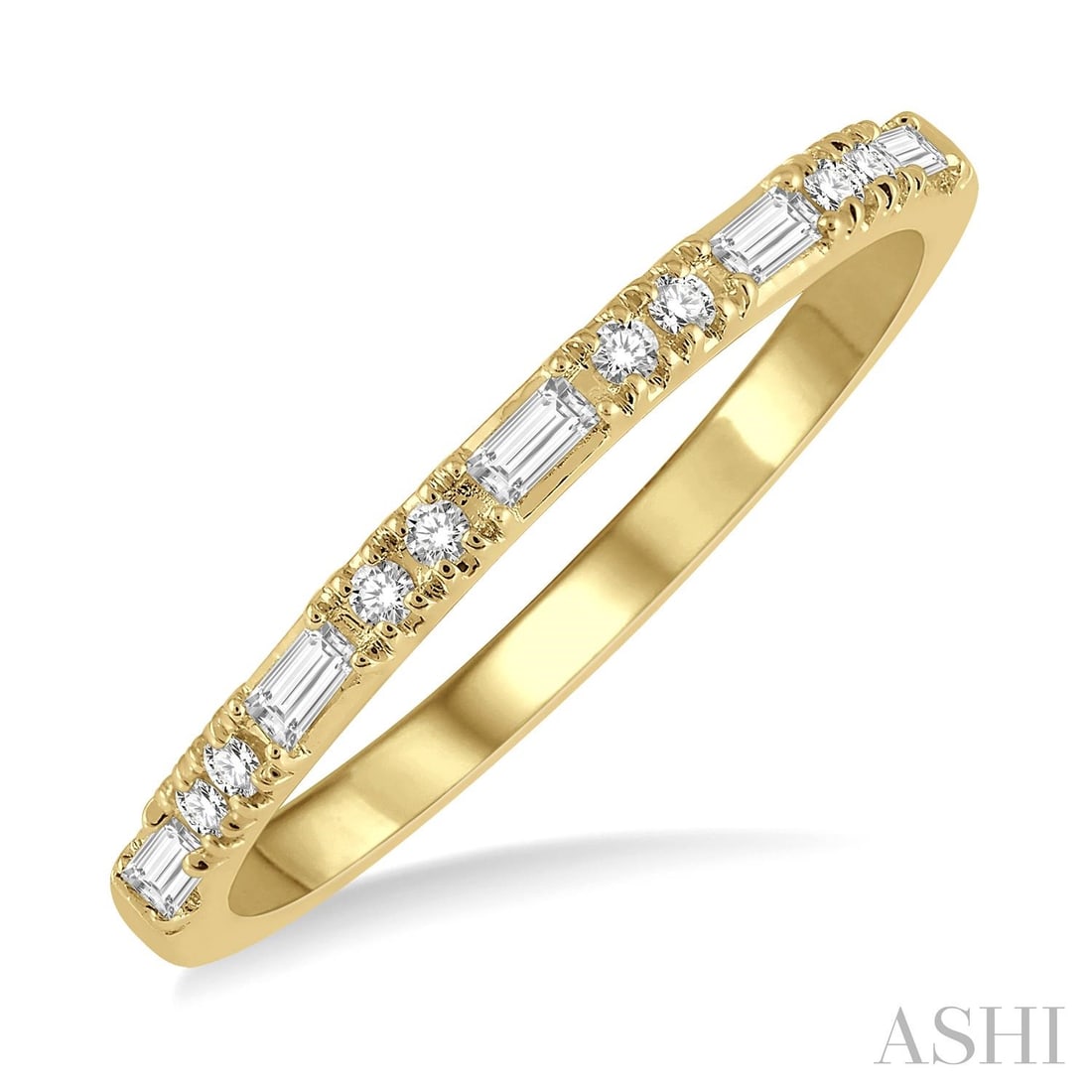 0.17 ctw Baguette & Round Diamond Stack Band 14K Yellow Gold Ring: Rare and radiant, this magnificent Stack Band ring featuring Natural Diamonds offers a touch of the extraordinary. A detailed Channel gallery secures the stones, rendered in 1.8 grams of lustrous 14K 