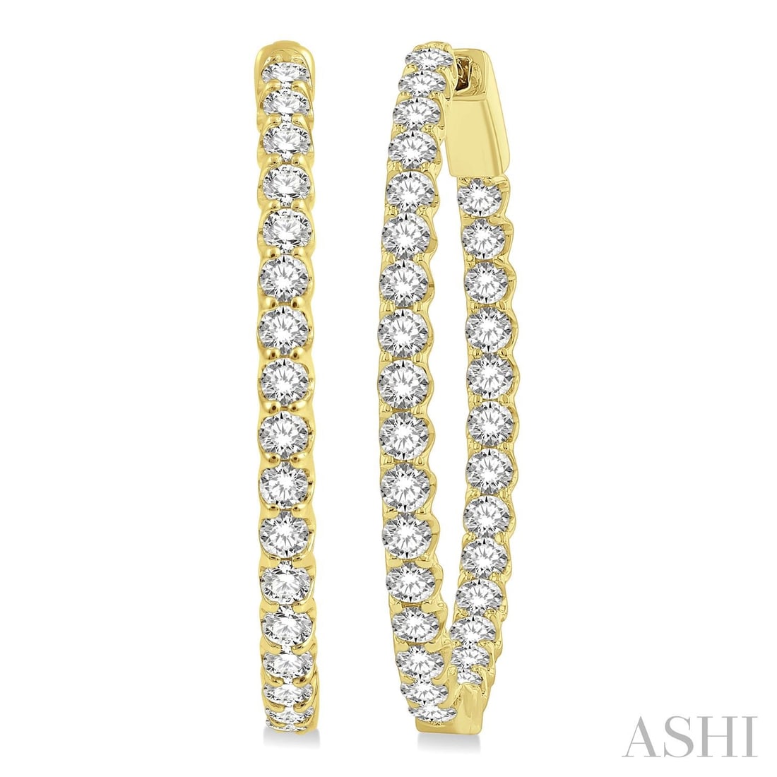 3.00 ctw Inside-Out Oval Diamond 14K Yellow Gold Hoop Earrings: Rare and radiant, this stunning Inside-Out Oval Shape pair of earrings featuring White Diamond offers a touch of the extraordinary. Showcasing the gems in a Line/Riviera arrangement, the earrings cons