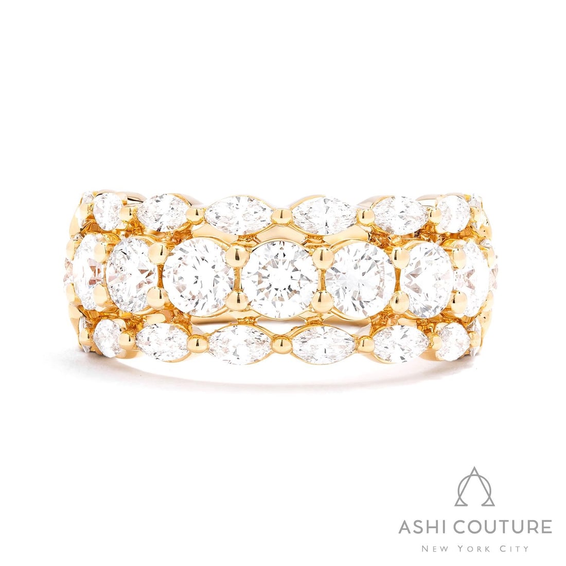 Duchess 3.34 ctw Round & Marquise Diamond 18K Yellow Gold Band: An exquisite masterpiece of haute joaillerie, this magnificent Duchess band ring featuring White Diamond is a true treasure. Showcasing the gems in a Multi-Row Band arrangement, the ring consists of 8