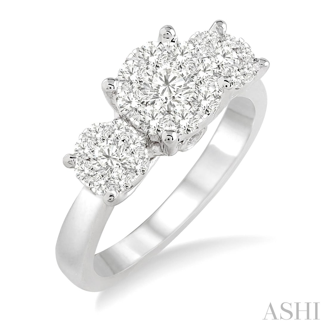 1.03 ctw White Diamond Triple Circle Cluster 14K White Gold Ring: A vision of luxury, this magnificent Triple Circle Cluster ring featuring Natural Diamonds defines sophistication. Securely held in a classic Three-Stone Cluster design, the ring is forged from 4.55 g