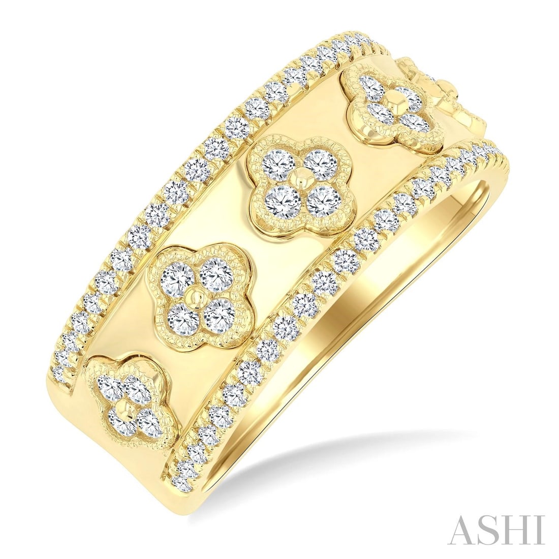 0.62 ctw Diamond Clover Motif 14K Yellow Gold Wide Fashion Band: A vision of luxury, this stunning Clover Motif ring featuring White Diamond defines sophistication. Securely held in a classic Wide Band design, the ring is forged from 7.5 grams of high-polish 14K Ye