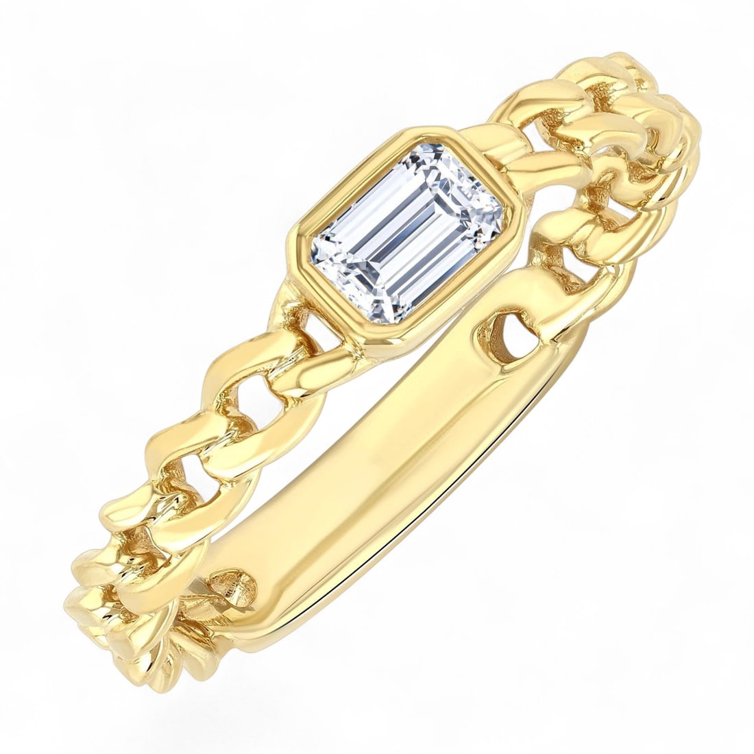 0.2 Ctw Bezel Set Emerald Cut Curb Link White Diamond Modern 14K Yellow Gold Ring - Certified: A vision of luxury, this magnificent Bezel Set Emerald Cut Curb Link Fashion ring featuring Natural Diamonds defines sophistication. The gemstones are nestled within a Bezel framework, supported by a 