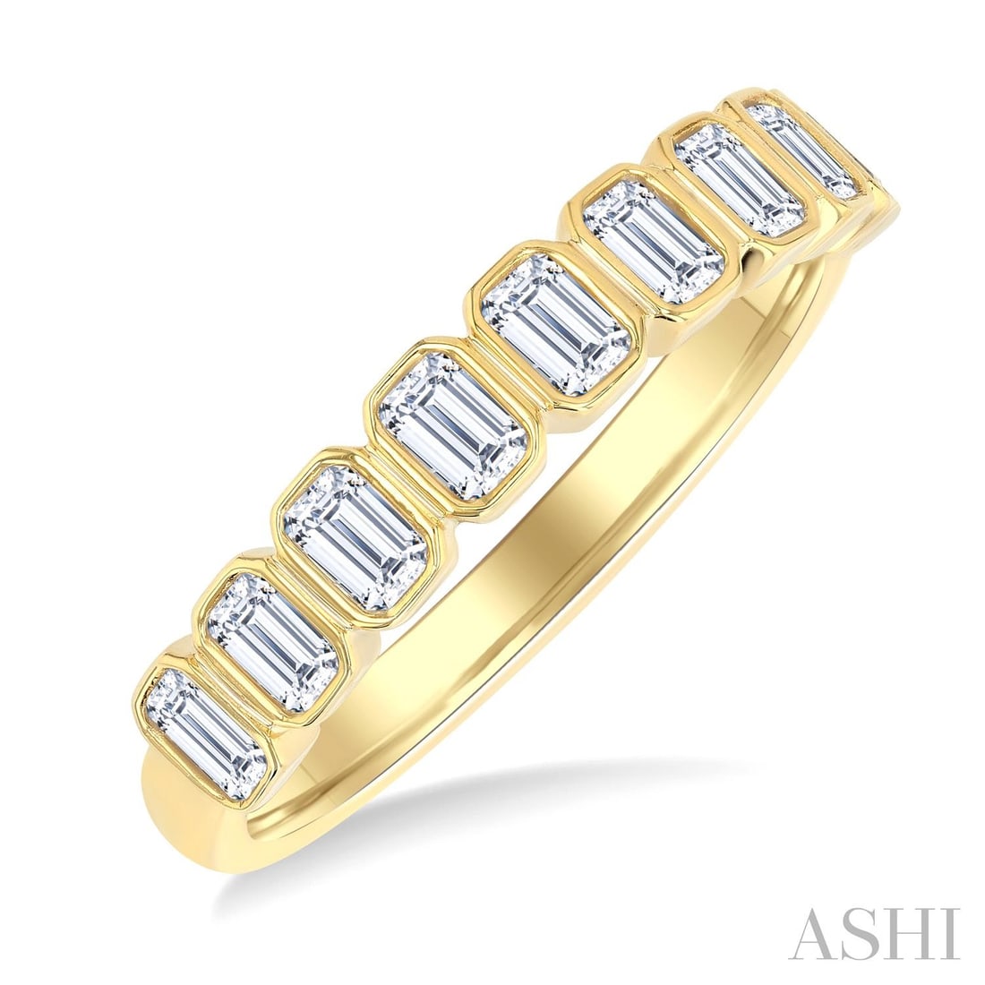 0.81 ctw Emerald Cut Diamond Bezel Set 14K Yellow Gold Band Ring: A testament to superior craftsmanship, this magnificent North-South Bezel Set ring featuring White Diamond is unparalleled. Crafted with precision, the Fashion Band setting is seamlessly integrated in