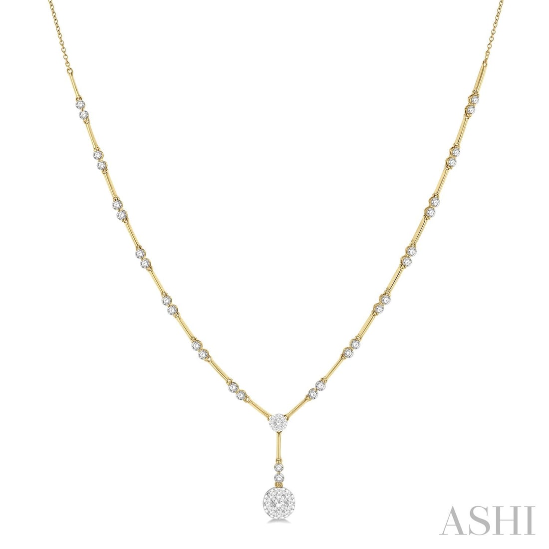 1.86 ctw Diamond Circular Bar Link Cluster 14K Yellow & White Gold Necklace: Captured in a moment of brilliance, this stunning Circular Bar Link Cluster necklace featuring Natural Diamonds speaks to the connoisseur. Securely held in a classic Y-drop design, the necklace is for