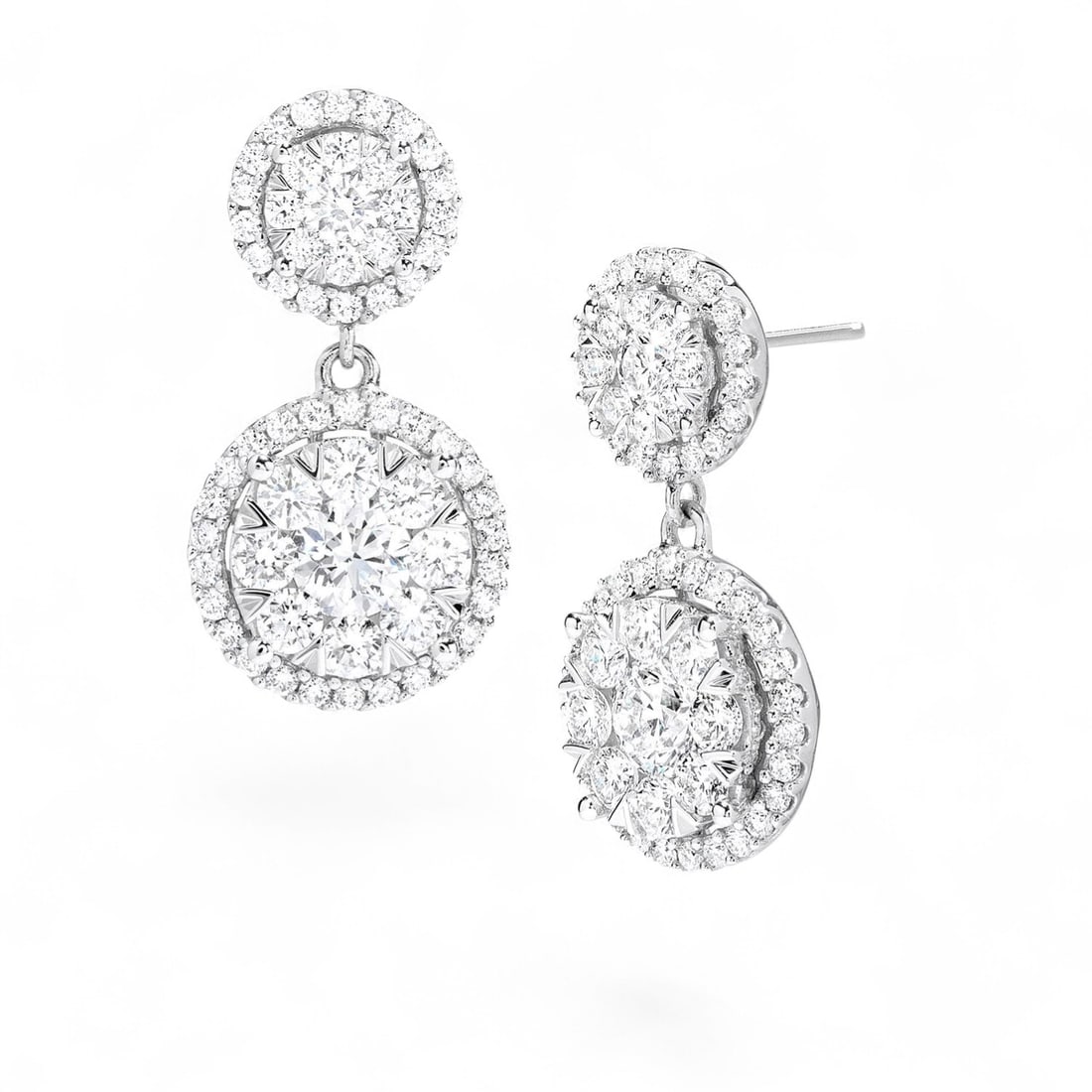 1.89 Ctw Fiori Round Drop Cluster White Diamond Modern 18K White Gold Earrings - Certified: Epitomizing grandeur, this stunning Fiori Round Drop Cluster pair of earrings featuring Natural Diamonds stands as a beacon of refined taste. A detailed Halo gallery secures the stones, rendered in 4.