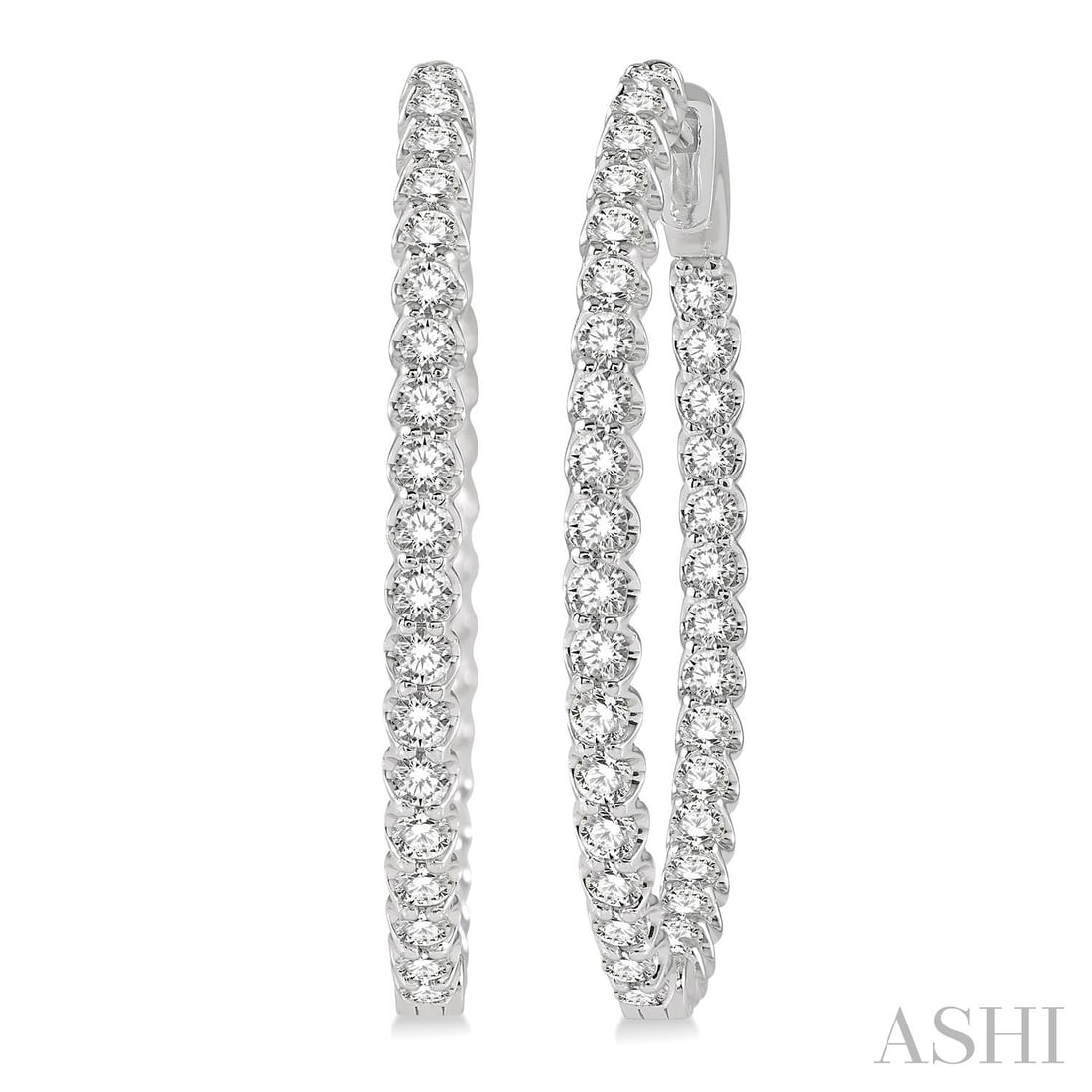 2.01 ctw White Diamond Inside-Out 14K White Gold Hoop Earrings: An exquisite masterpiece of haute joaillerie, this exquisite Inside-Out pair of earrings featuring Natural Diamonds is a true treasure. A detailed Hoop gallery secures the stones, rendered in 6.6 gram
