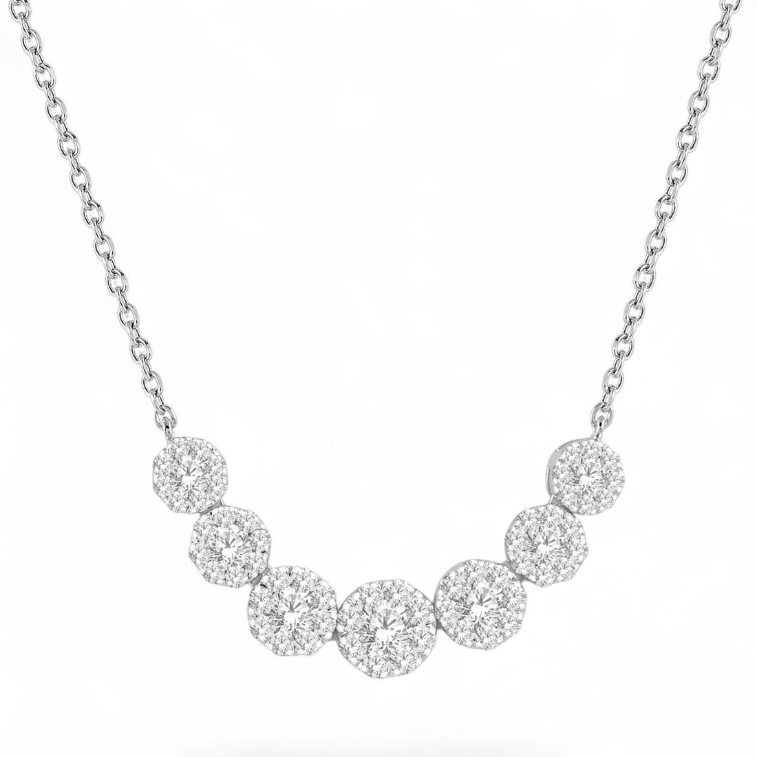 0.74 Ctw Cluster White Diamond Modern 14K White Gold Necklace - Certified: Defining modern elegance, this magnificent Cluster necklace featuring Natural Diamonds captures the essence of style. Expertly mounted in a Cluster setting, the necklace is crafted in 1.45 grams of so