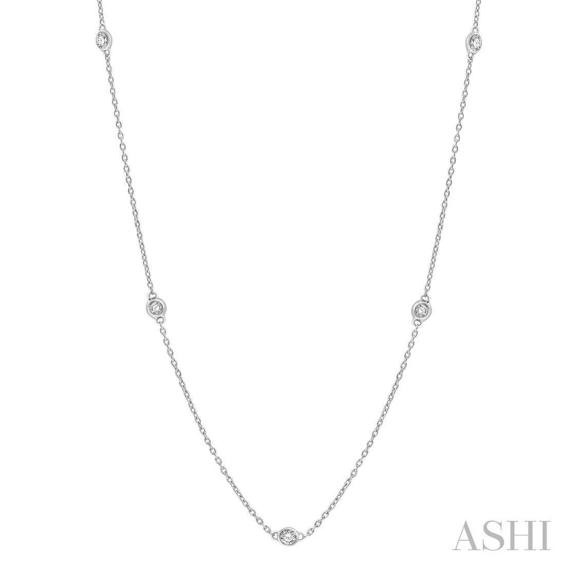 0.50 ctw Round Diamond Station 14K White Gold Necklace: An exquisite masterpiece of haute joaillerie, this elegant Station necklace featuring White Diamond is a true treasure. Crafted with precision, the Station/Bezel setting is seamlessly integrated into 
