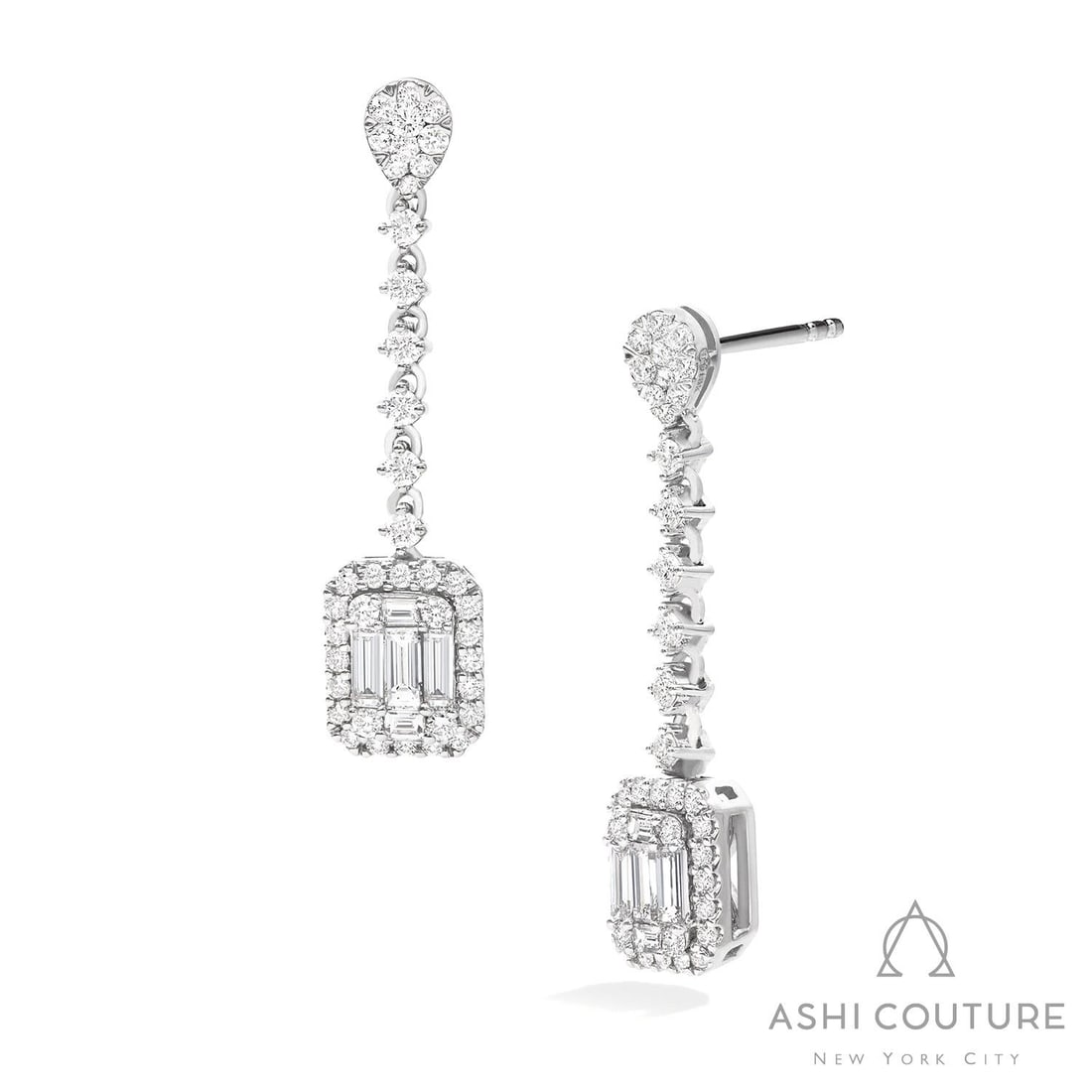 1.44 ctw Baguette and Round Diamond Cluster 18K White Gold Drop Earrings: A symphony of light and color, this elegant Cluster pair of earrings featuring White Diamond embodies the pinnacle of luxury. Expertly mounted in a Cluster setting, the earrings are crafted in 5.65 gr