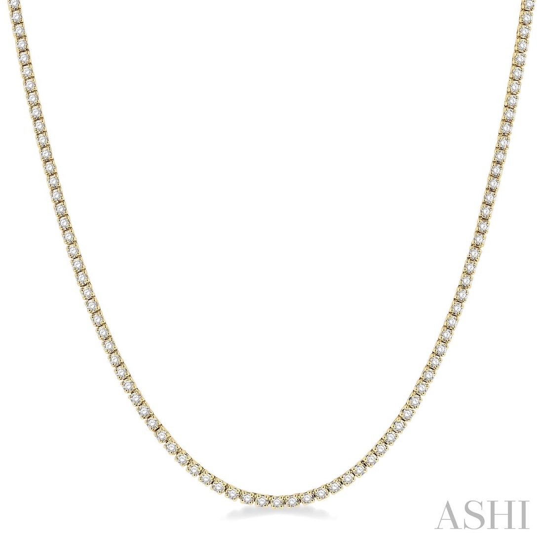 3.0 ctw Round Cut Diamond 14K Yellow Gold Tennis Necklace: Defining modern elegance, this breathtaking Continuous Line necklace featuring White Diamond captures the essence of style. The gemstones are nestled within a Continuous Line framework, supported by a