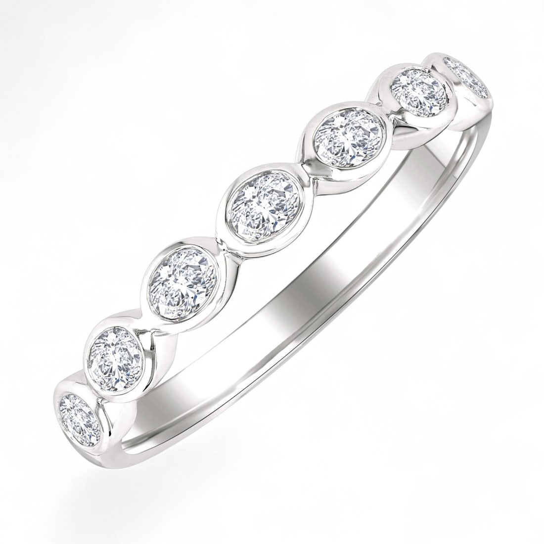 0.7 Ctw White Diamond 14K White Gold Ring - Certified: A testament to superior craftsmanship, this stunning East-West Set Oval Cut Bezel Stackable Fashion Band ring featuring Natural Diamonds is unparalleled. A detailed Bezel gallery secures the stones, r