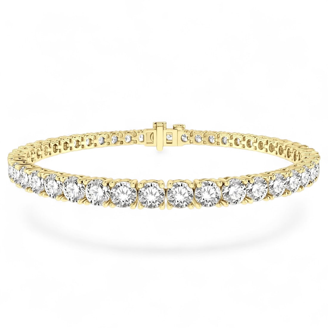 8.02 Ctw Round Cut Tennis Diamond Modern 14K Yellow Gold Bracelet - Certified: A symphony of light and color, this stunning Tennis bracelet featuring Natural Diamonds embodies the pinnacle of luxury. Securely held in a classic Prong design, the bracelet is forged from 12.0 grams