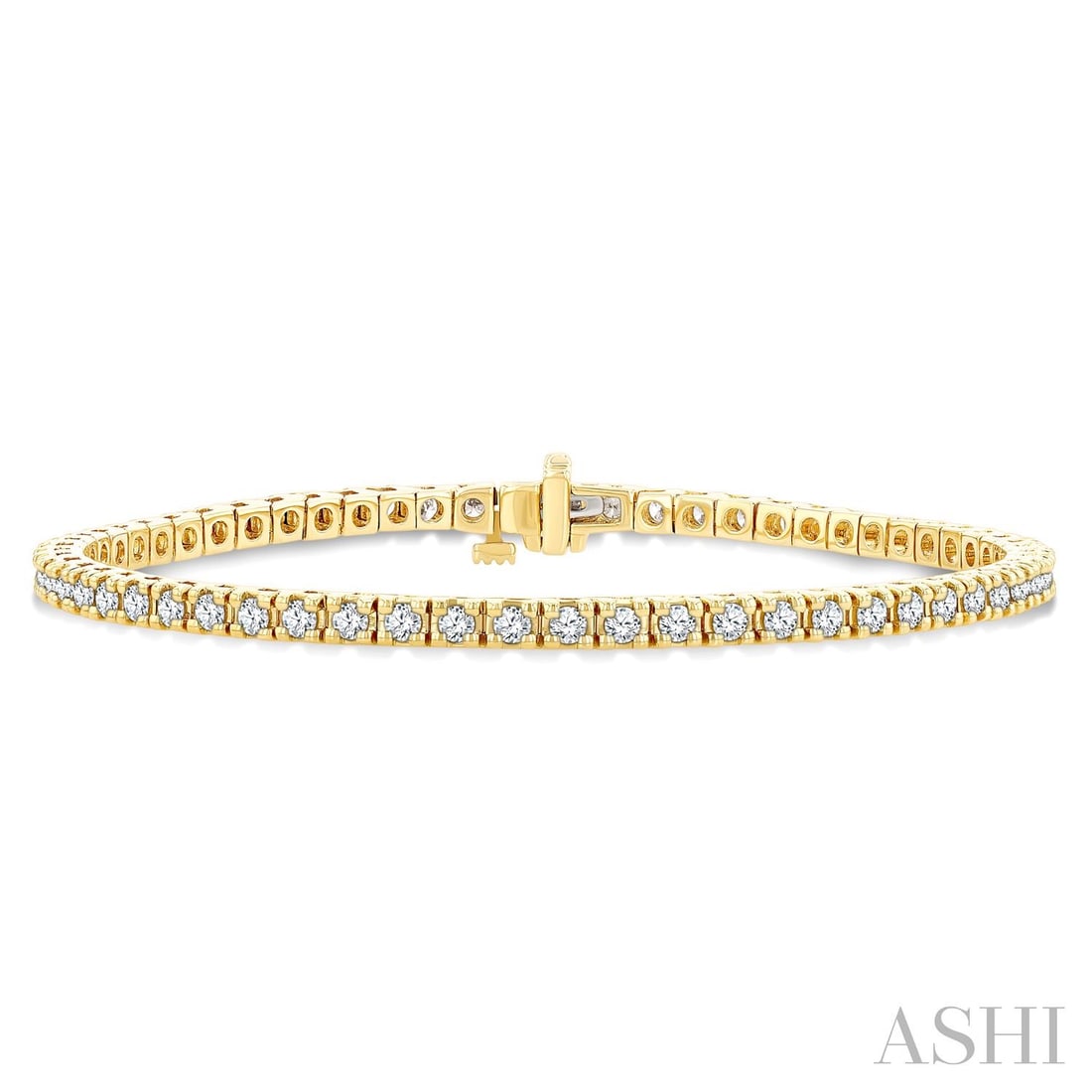 2.02 ctw White Diamond 7.0 Inch 14K Yellow Gold Tennis Bracelet: A symphony of light and color, this breathtaking Square Shape bracelet featuring White Diamond embodies the pinnacle of luxury. The gemstones are nestled within a Prong-Set Line Bracelet framework, su