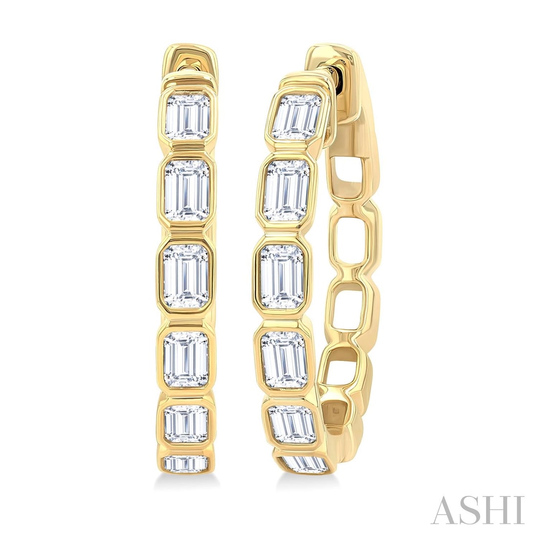 1.08 ctw Emerald Cut Diamond Bezel Set 14K Yellow Gold Hoop Earrings: Captured in a moment of brilliance, this elegant Bezel Set Emerald Cut pair of earrings featuring White Diamond speaks to the connoisseur. The gemstones are nestled within a Bezel framework, supported
