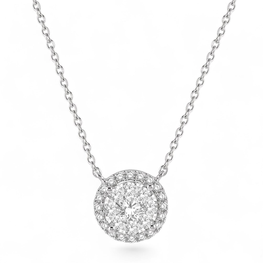 0.5 Ctw Circular Cluster Diamond Modern 14K White Gold Pendant - Certified: Epitomizing grandeur, this stunning Cluster Halo pendant featuring Natural Diamonds stands as a beacon of refined taste. Showcasing the gems in a Halo arrangement, the pendant consists of 1.3 grams of