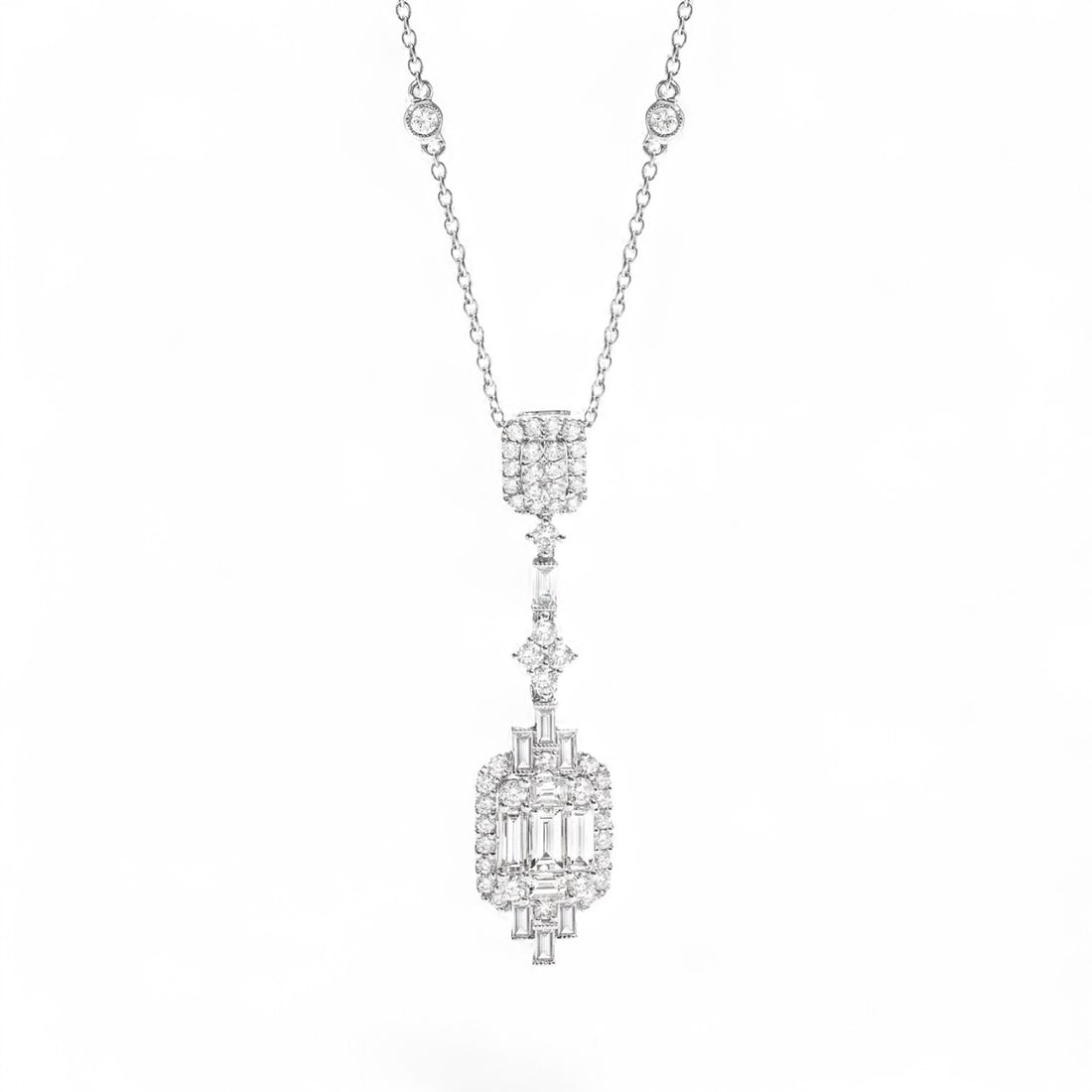 2.13 Ctw Empress Vintage Baguette White Diamond Art Deco 18K White Gold Necklace - Certified: Defining modern elegance, this magnificent Empress Vintage Baguette necklace featuring Natural Diamonds captures the essence of style. Expertly mounted in a Drop setting, the necklace is crafted in 4.
