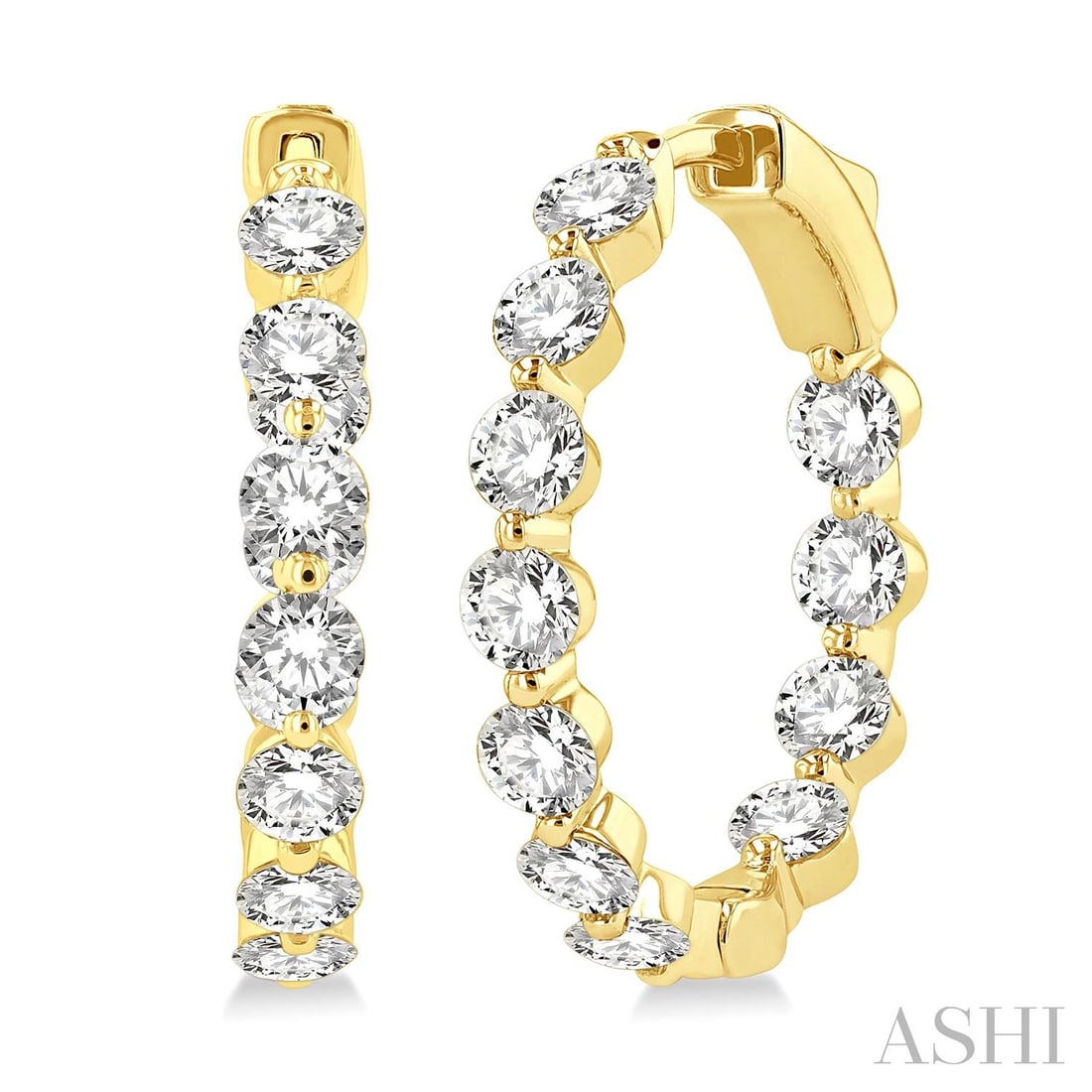 3.03 ctw White Diamond 14K Yellow Gold Hoop Earrings: Timeless and sophisticated, this elegant Inside-Out Single Prong Set pair of earrings featuring White Diamond radiates enduring beauty. The gemstones are nestled within a Hoop framework, supported by 
